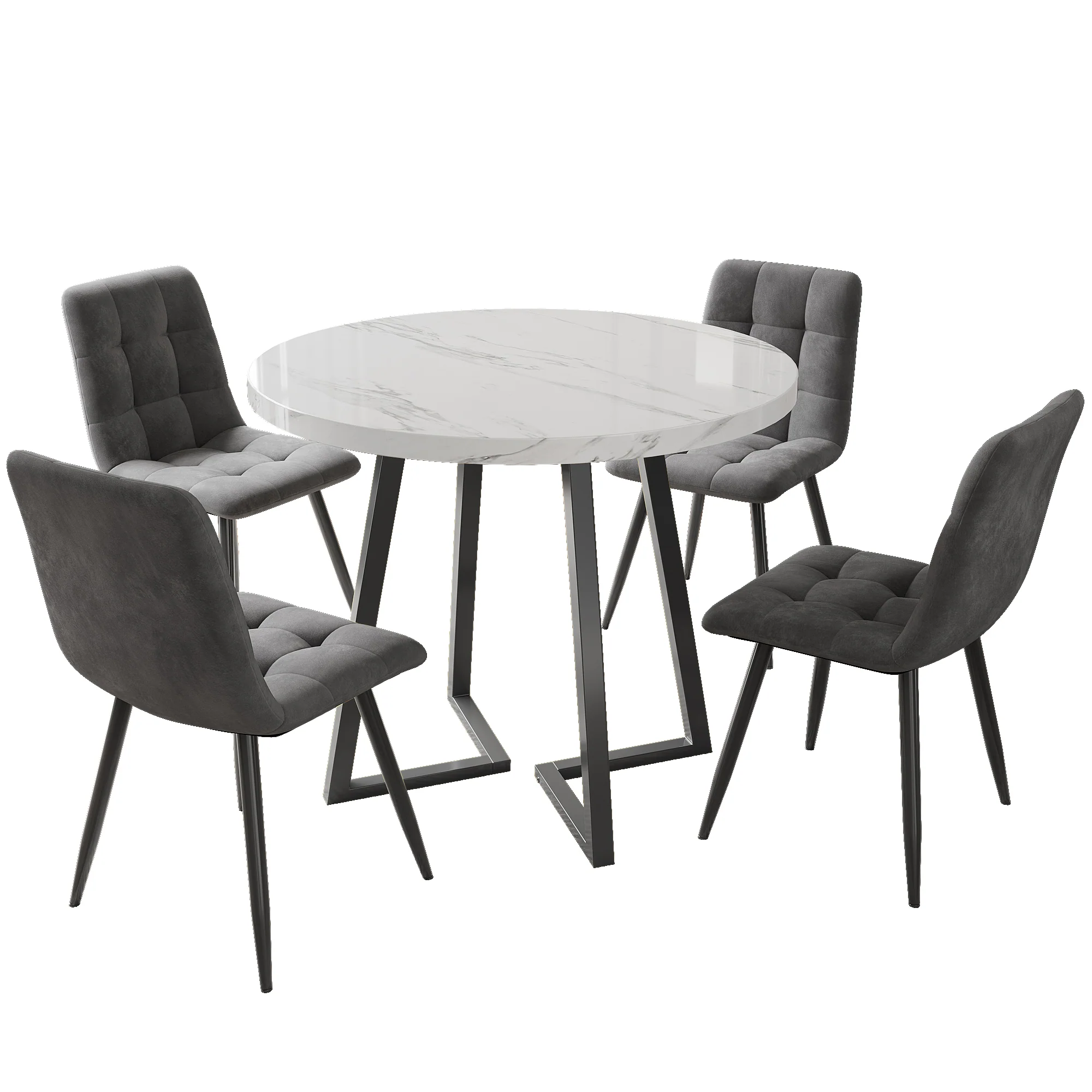 5-Piece Dining Set Round 80cm Table 4 Chairs Black Metal Legs White MDF Dark Grey Velvet - Image 2