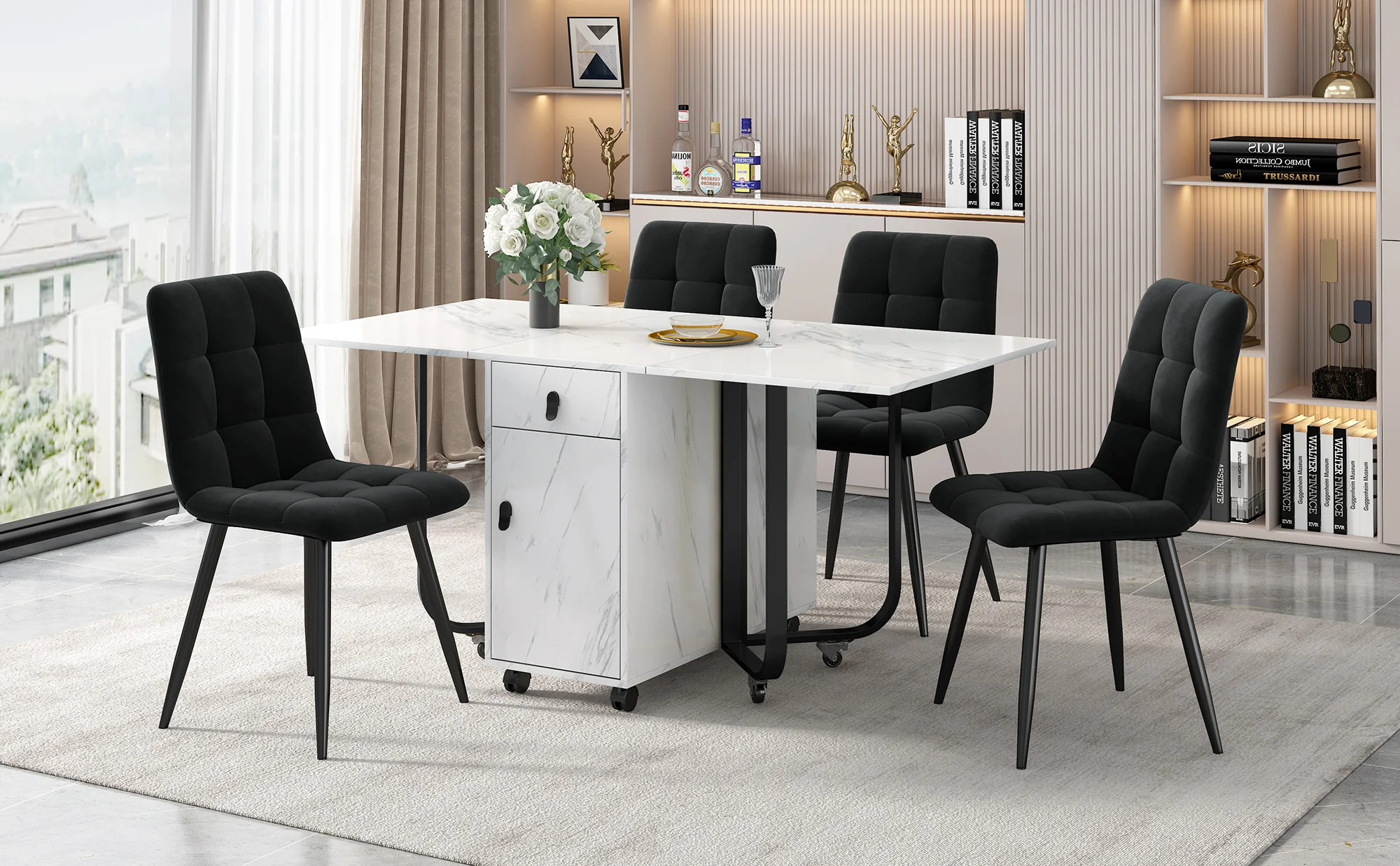 5-Piece Folding Dining Set 150x80cm Velvet Chairs White MDF/Black - Image 2