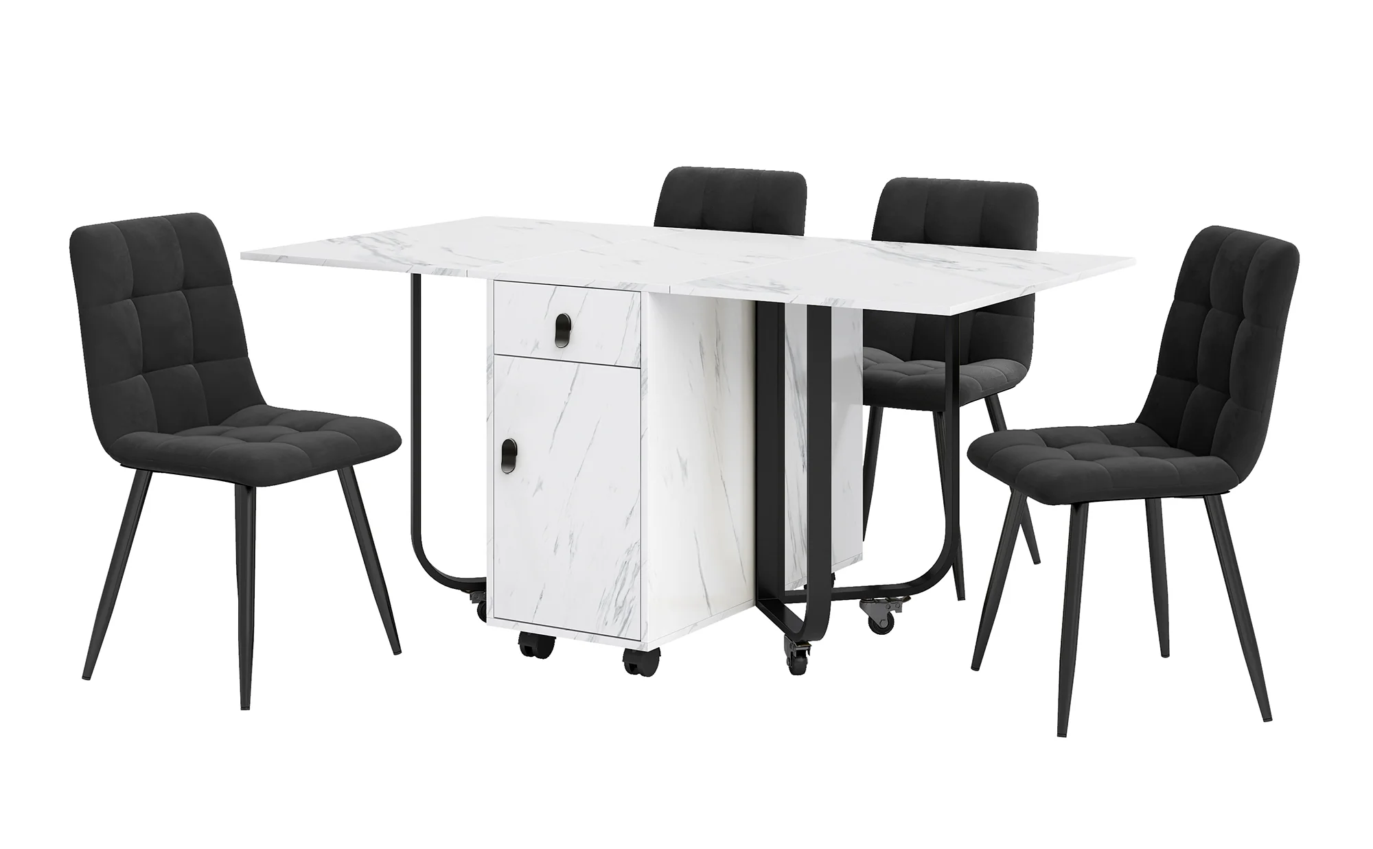 5-Piece Folding Dining Set 150x80cm Velvet Chairs White MDF/Black - Image 3