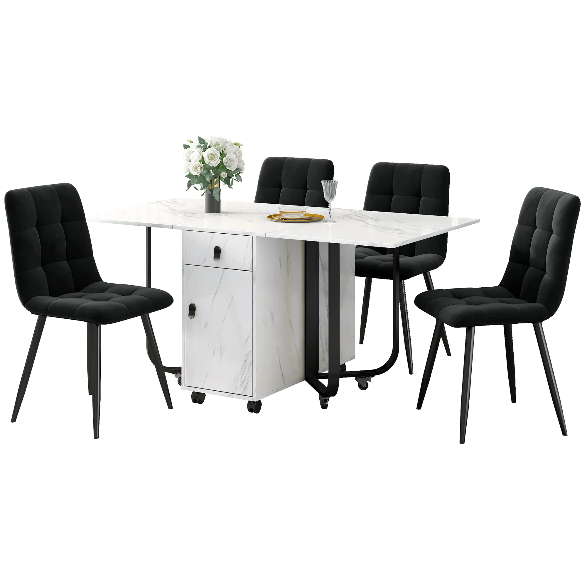 5-Piece Folding Dining Set 150x80cm Velvet Chairs White MDF/Black - Image 4