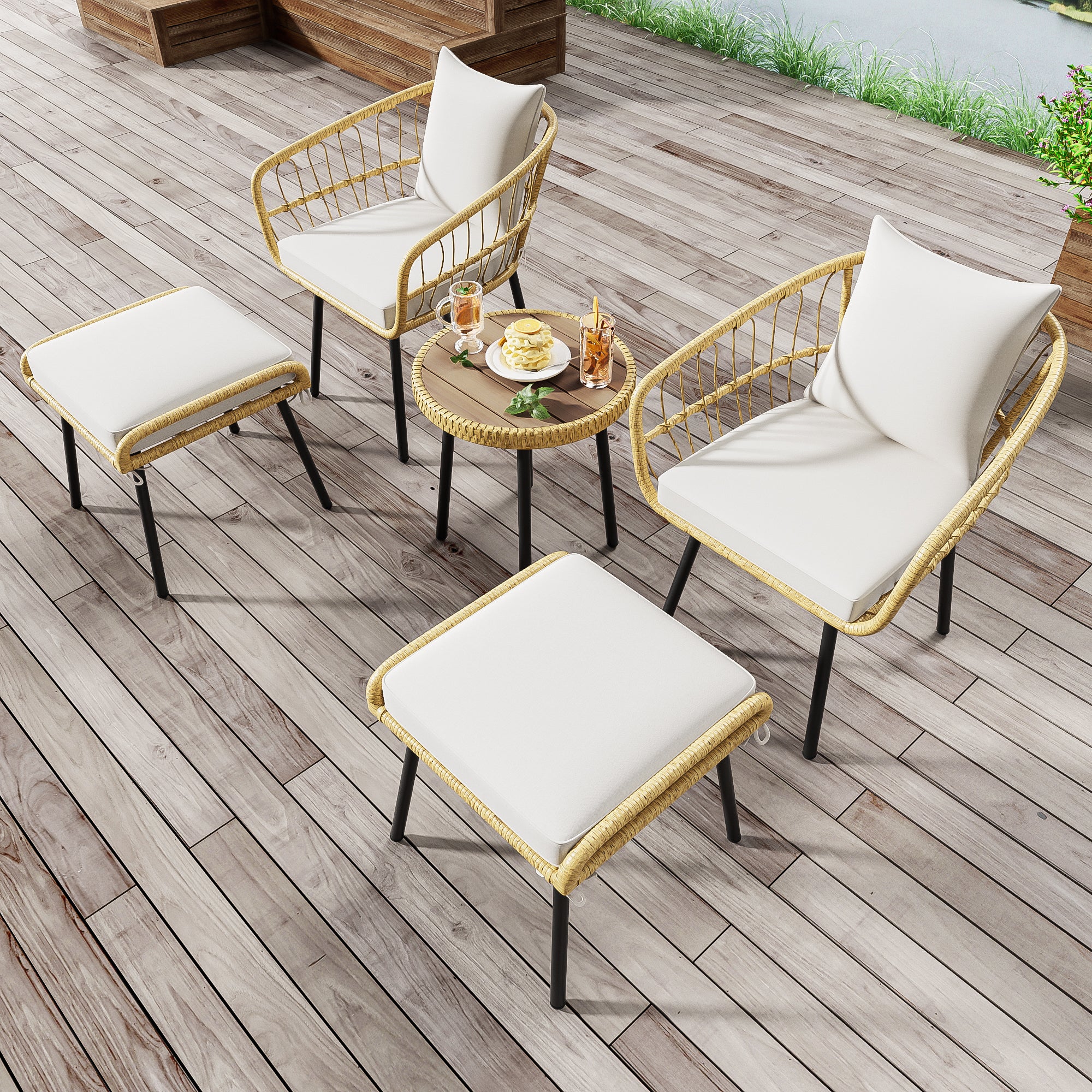 5-Piece Garden Lounge Set 1 Table 2 Chairs 2 Stools - Rattan Natural - Image 10