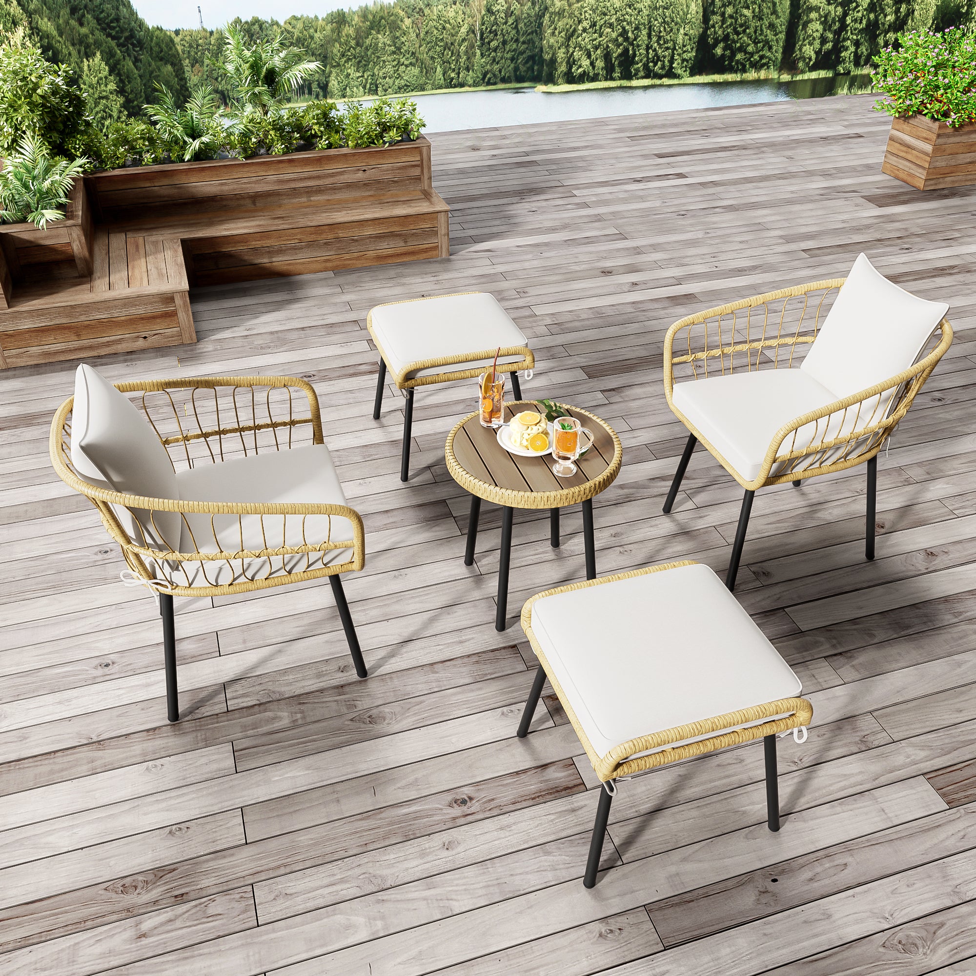 5-Piece Garden Lounge Set 1 Table 2 Chairs 2 Stools - Rattan Natural - Image 2