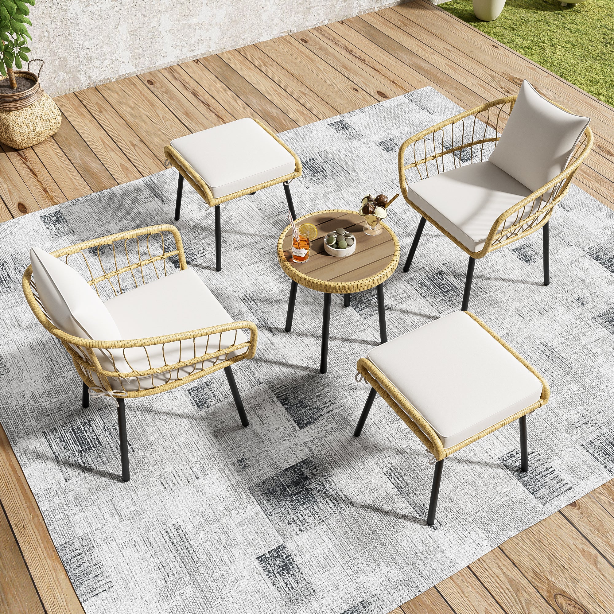 5-Piece Garden Lounge Set 1 Table 2 Chairs 2 Stools - Rattan Natural - Image 3