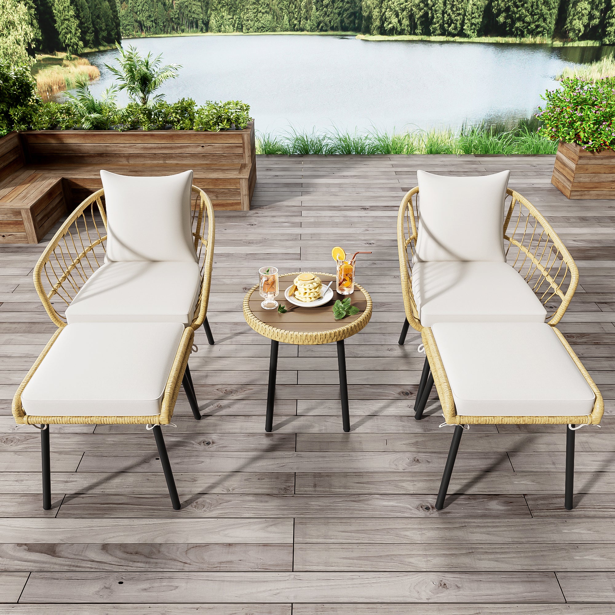 5-Piece Garden Lounge Set 1 Table 2 Chairs 2 Stools - Rattan Natural - Image 5