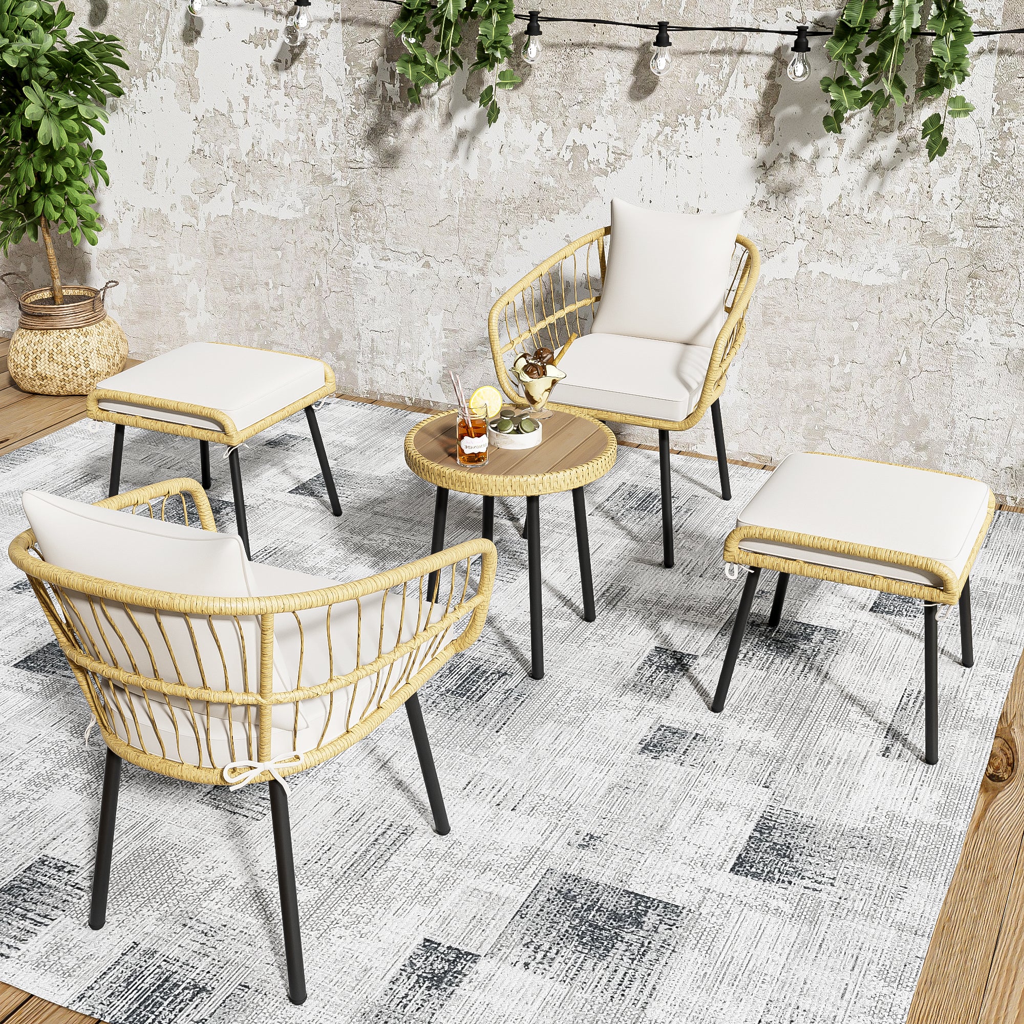 5-Piece Garden Lounge Set 1 Table 2 Chairs 2 Stools - Rattan Natural - Image 6