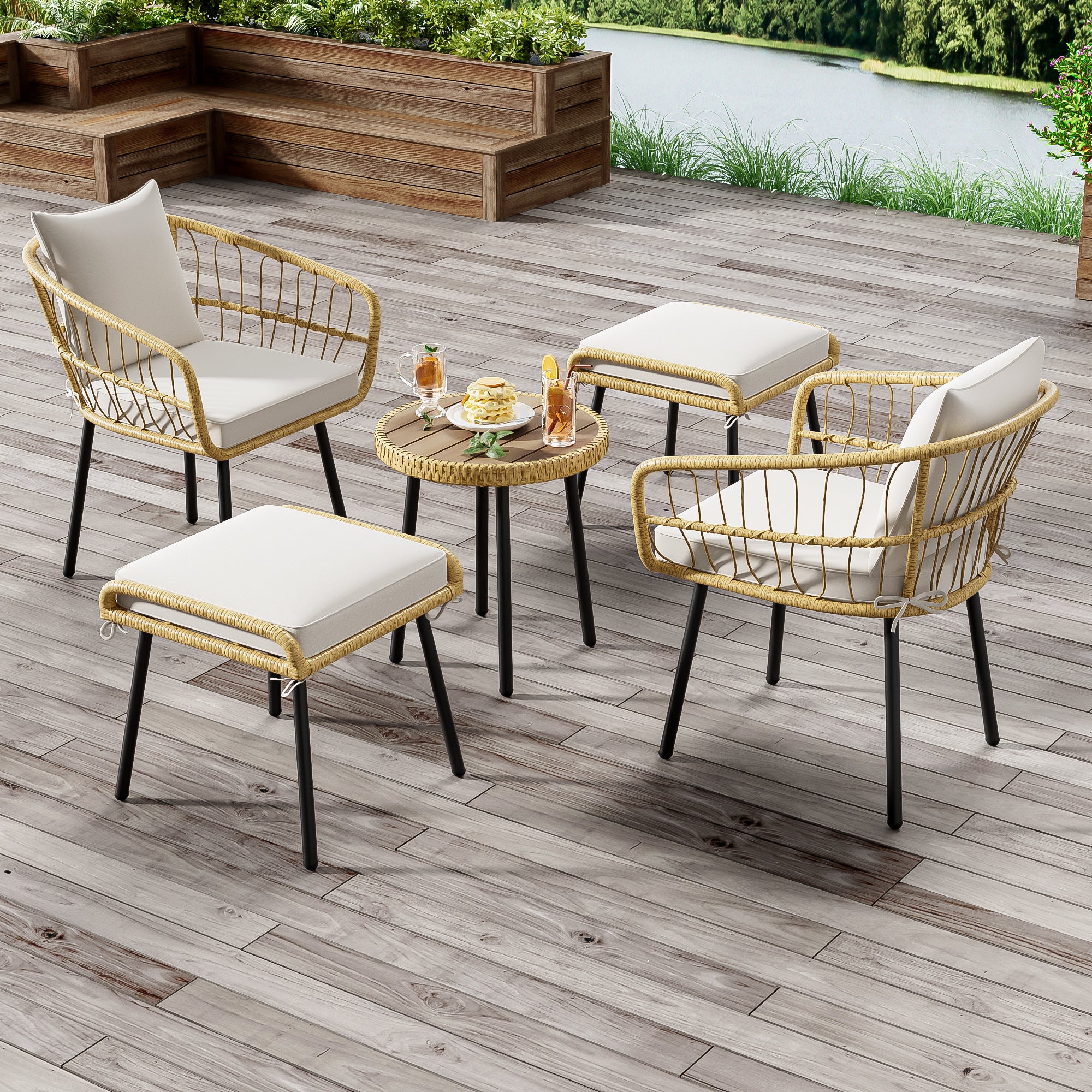 5-Piece Garden Lounge Set 1 Table 2 Chairs 2 Stools - Rattan Natural - Image 9