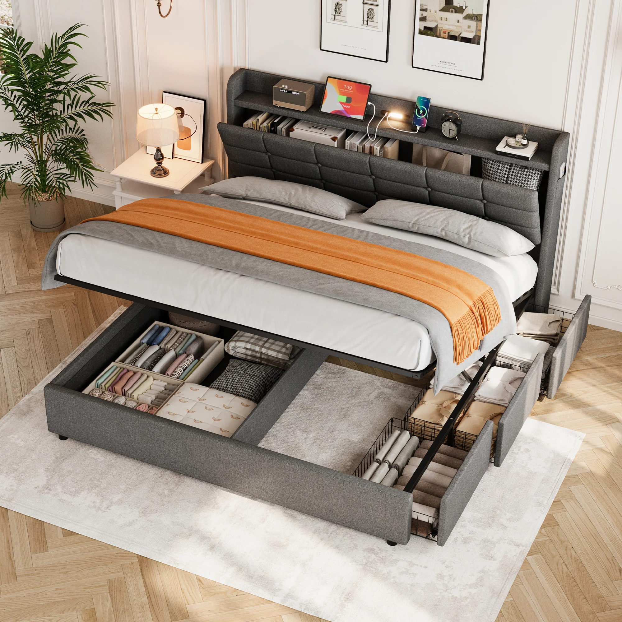 5ft King Bed Frame Hydraulic Storage, Charging Station, LED Night Light, Grey Linen - Image 4