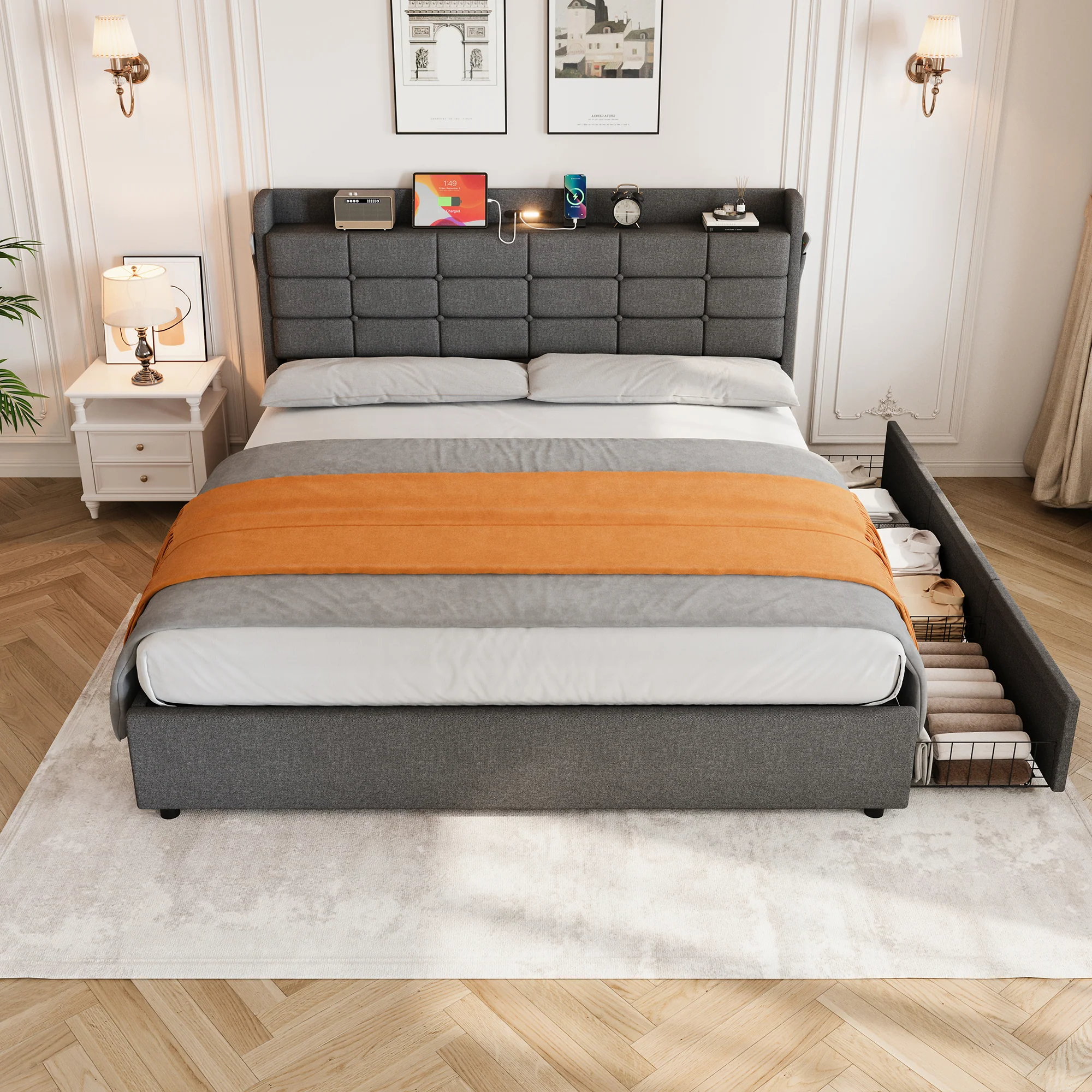 5ft King Bed Frame Hydraulic Storage, Charging Station, LED Night Light, Grey Linen - Image 5
