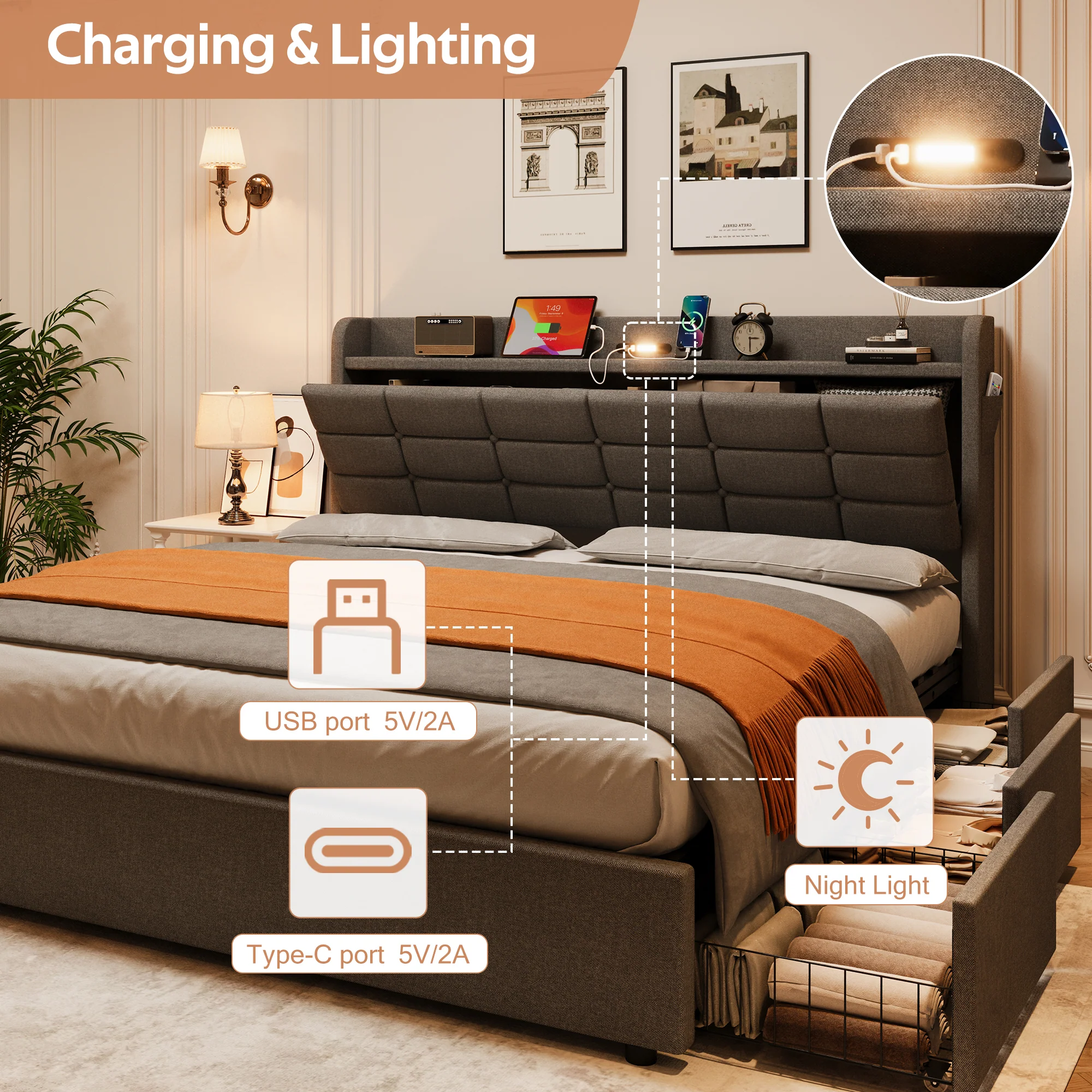 5ft King Bed Frame Hydraulic Storage, Charging Station, LED Night Light, Grey Linen - Image 7