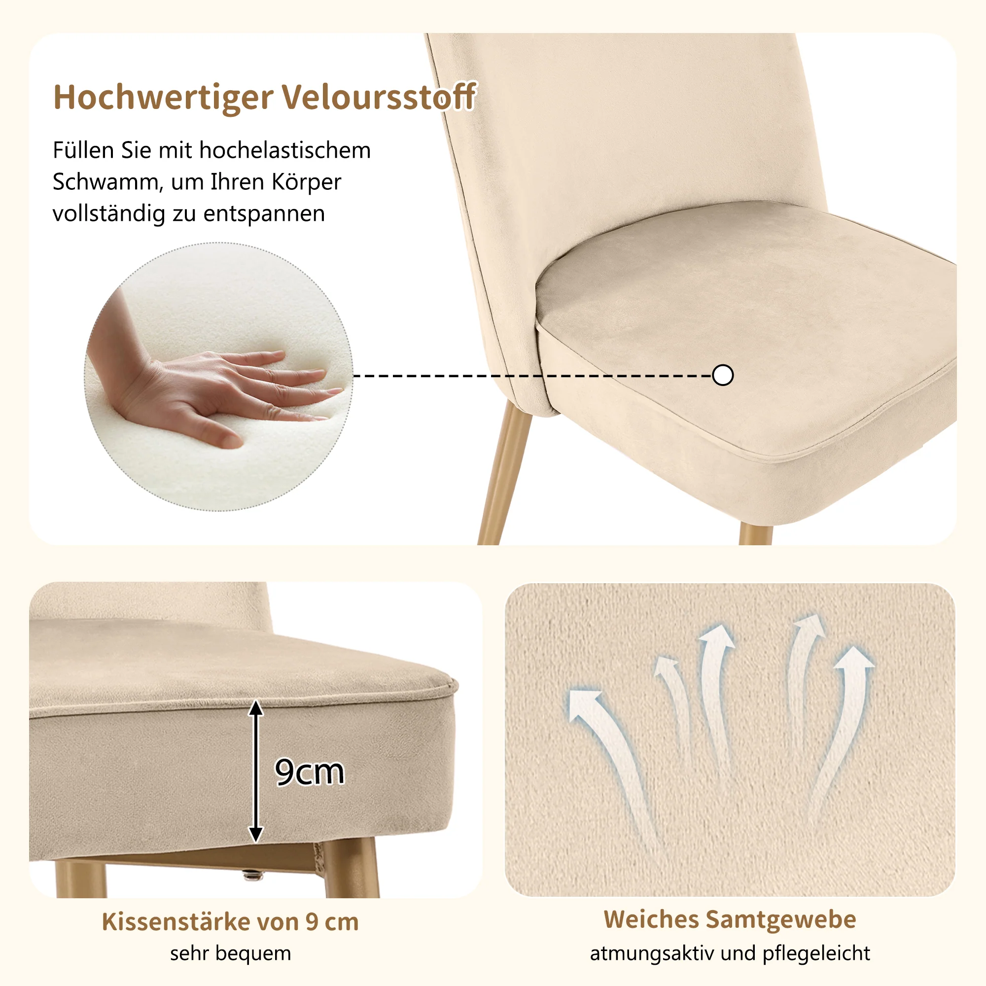 6 Dining Chairs Modern Gold Metal Legs Beige Velvet - Image 10