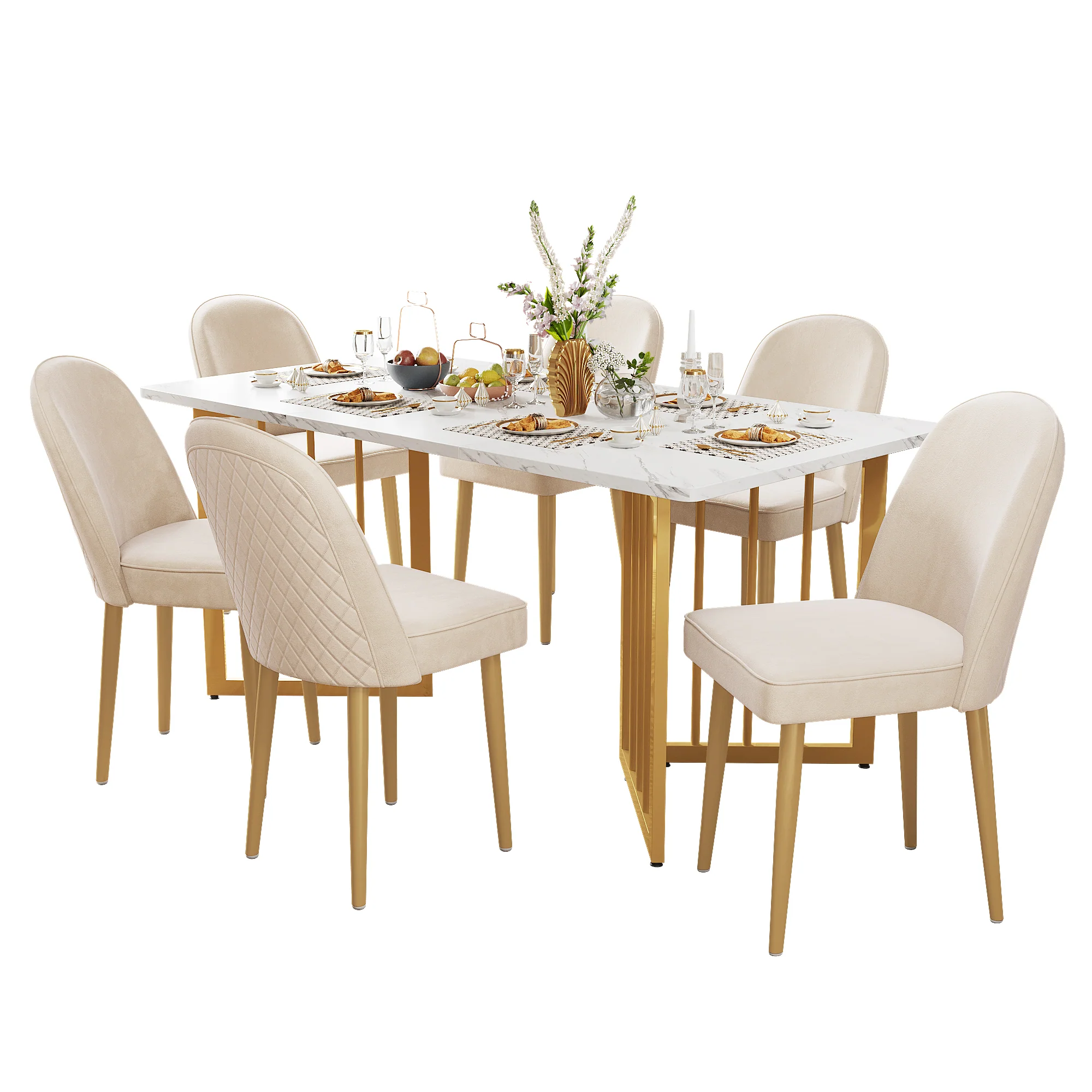 6 Dining Chairs Modern Gold Metal Legs Beige Velvet - Image 6