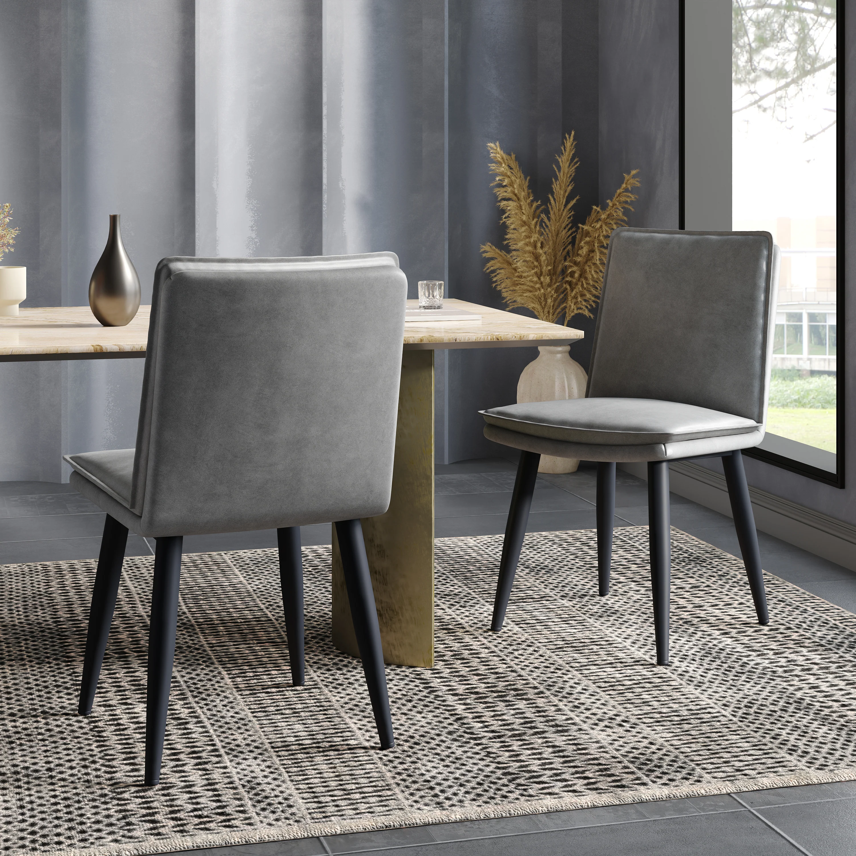 6 Dining Chairs Modern PU Double-Cushion Set - Grey PU - Image 6