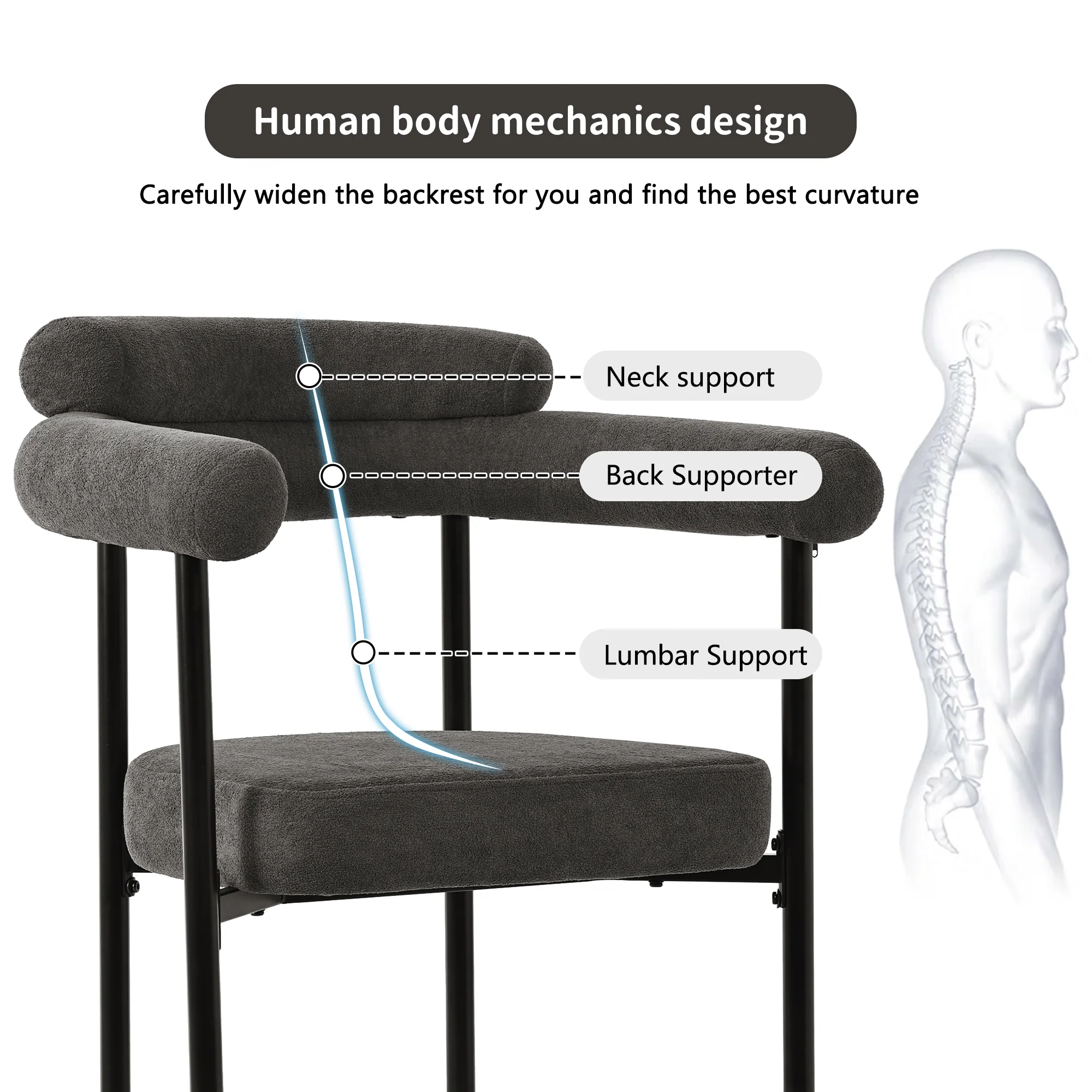6 Dining Chairs, Modern Simple Comfortable Ring Seat, Dark Grey Suede - Image 10