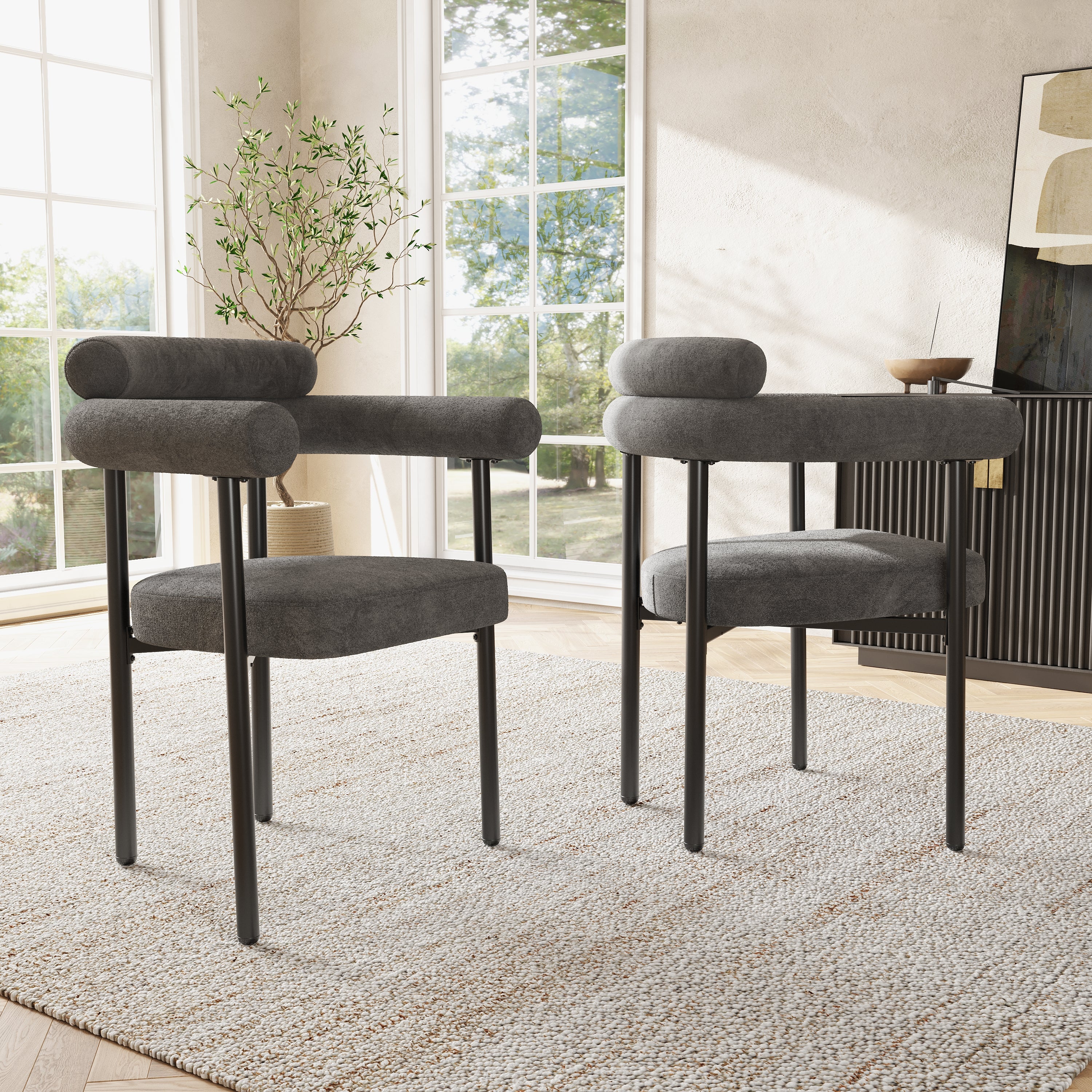 6 Dining Chairs, Modern Simple Comfortable Ring Seat, Dark Grey Suede - Image 3