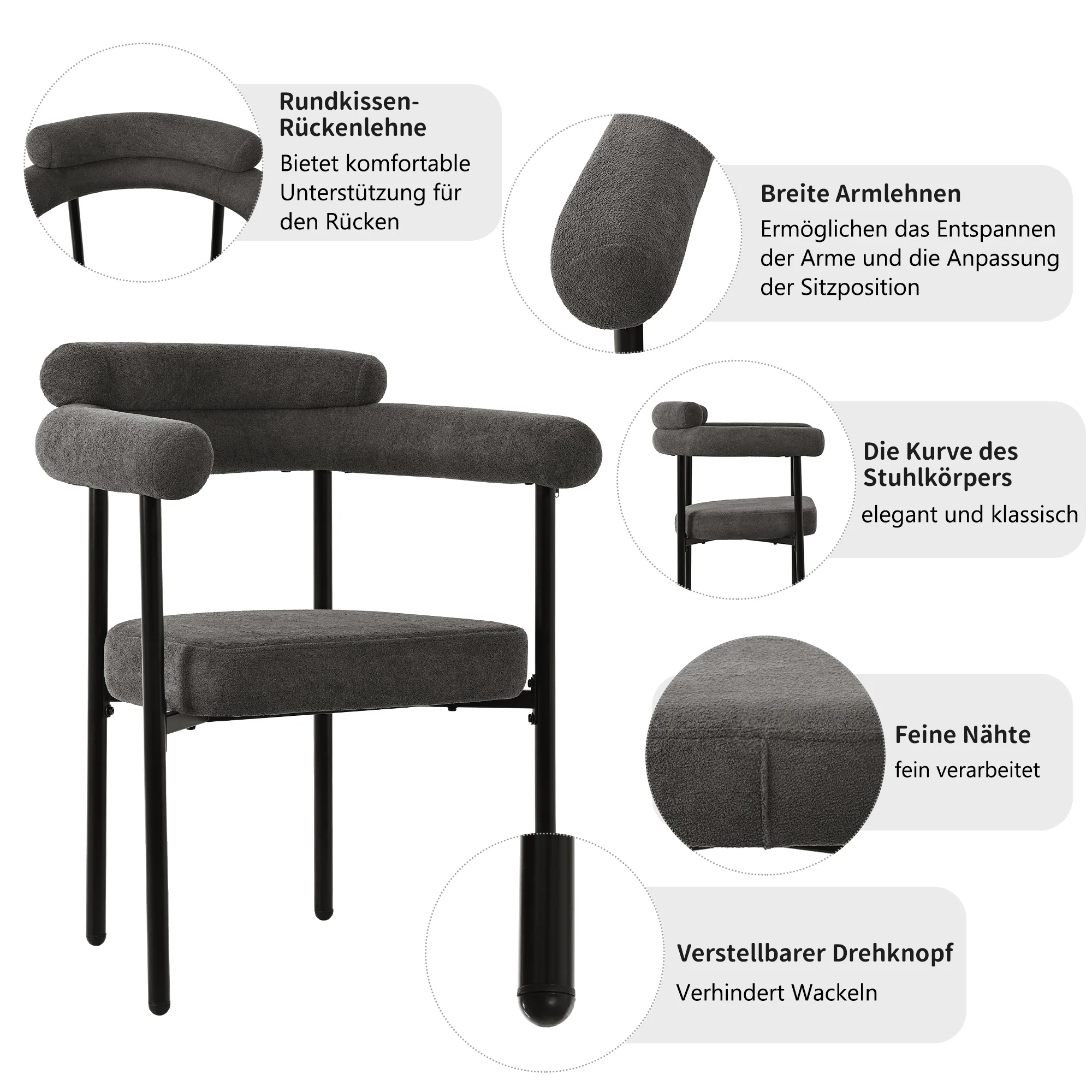 6 Dining Chairs, Modern Simple Comfortable Ring Seat, Dark Grey Suede - Image 6