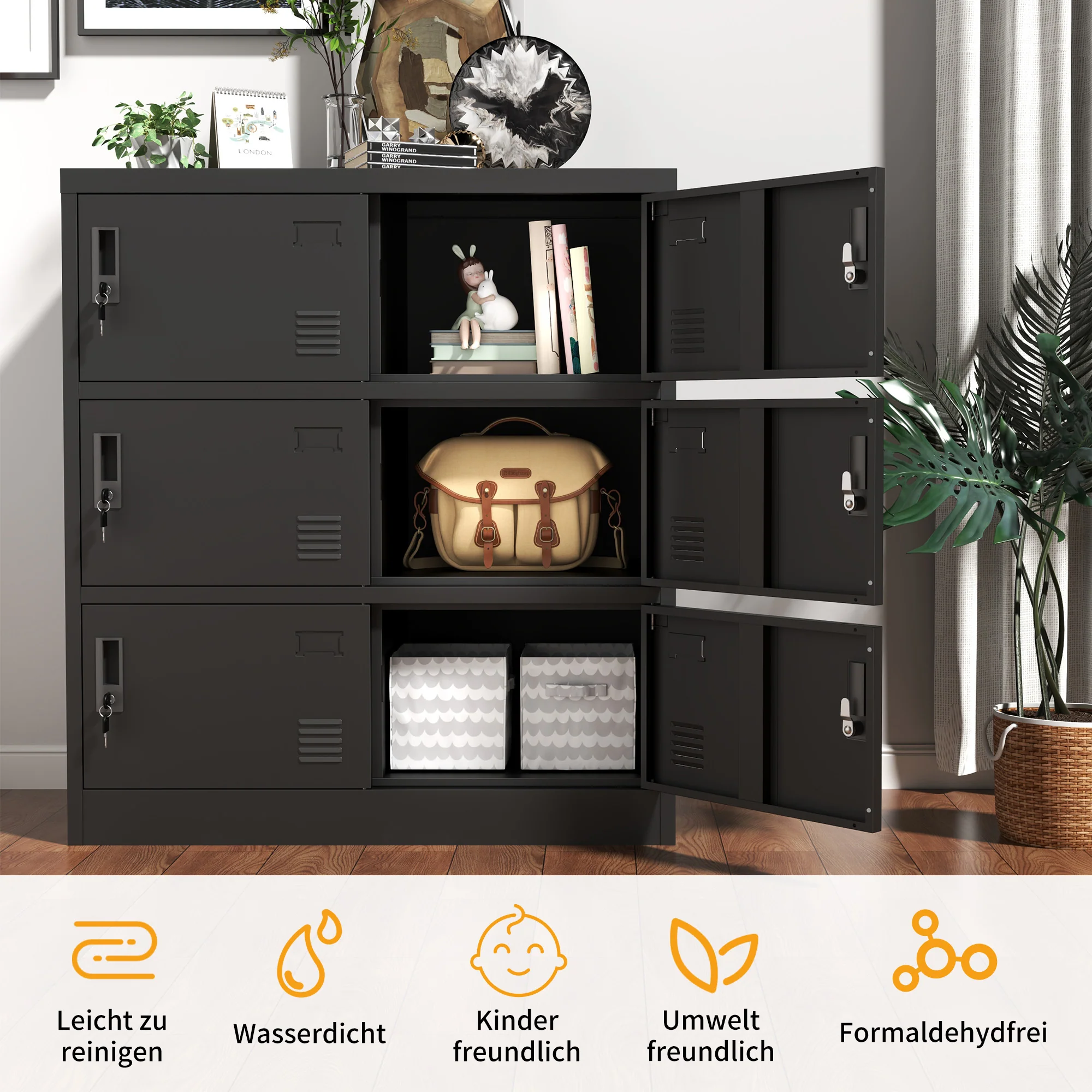 6-Door Metal Cabinet Secure Storage Card Slot 100x90x40 cm - Black - Image 6