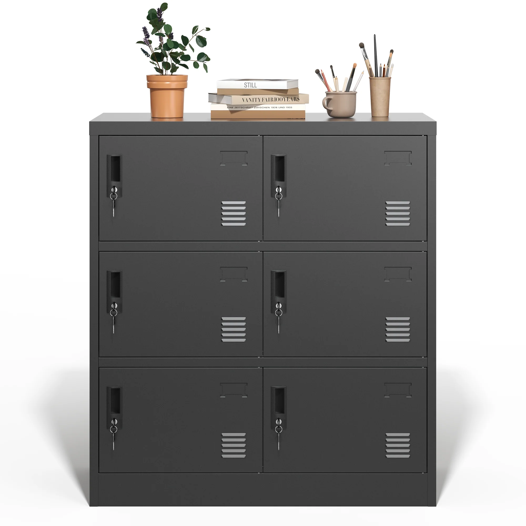 6-Door Metal Cabinet Secure Storage Card Slot 100x90x40 cm - Black - Image 9