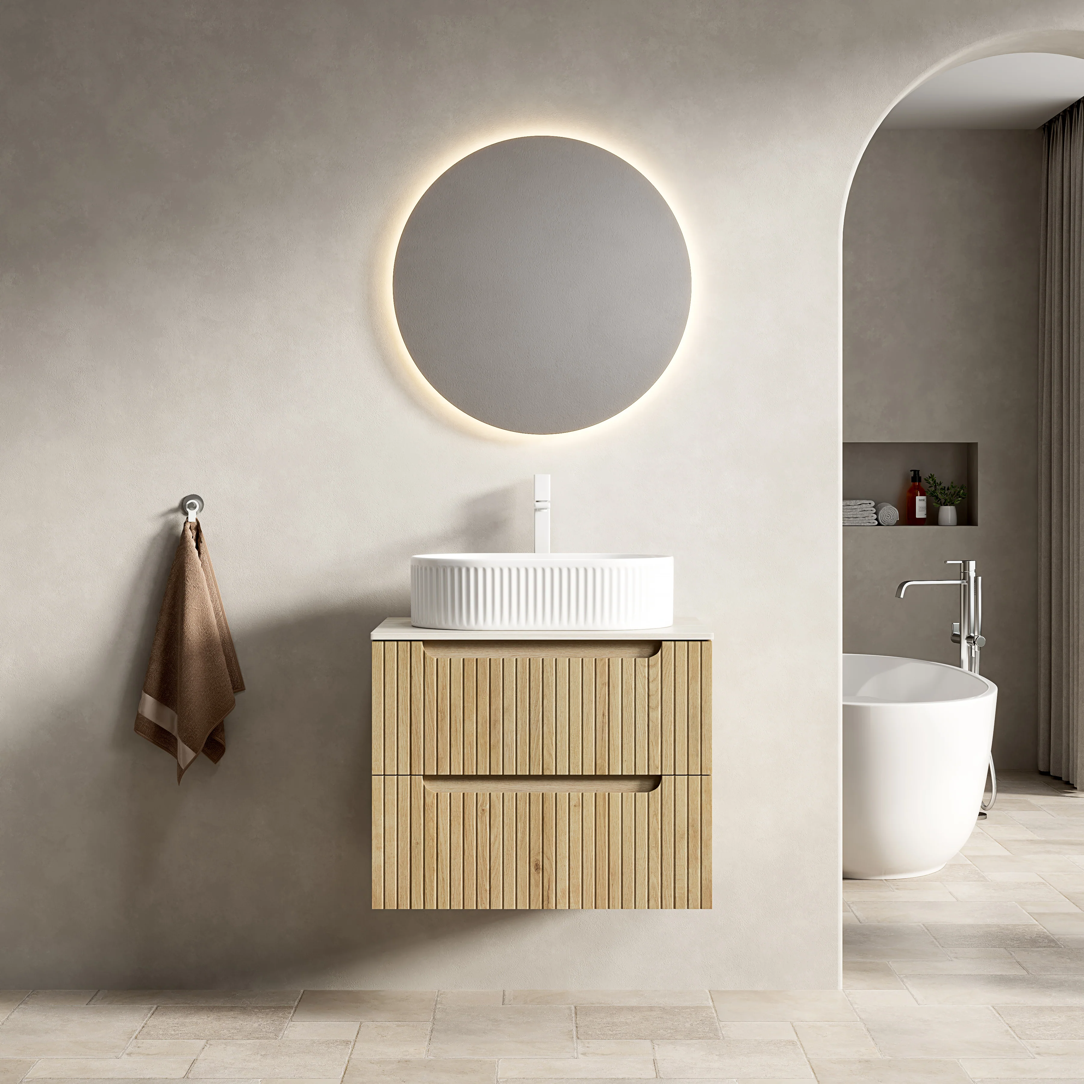 60cm Floating Vanity Oval Sink Sintered Stone Top 2 Drawers - White Oak