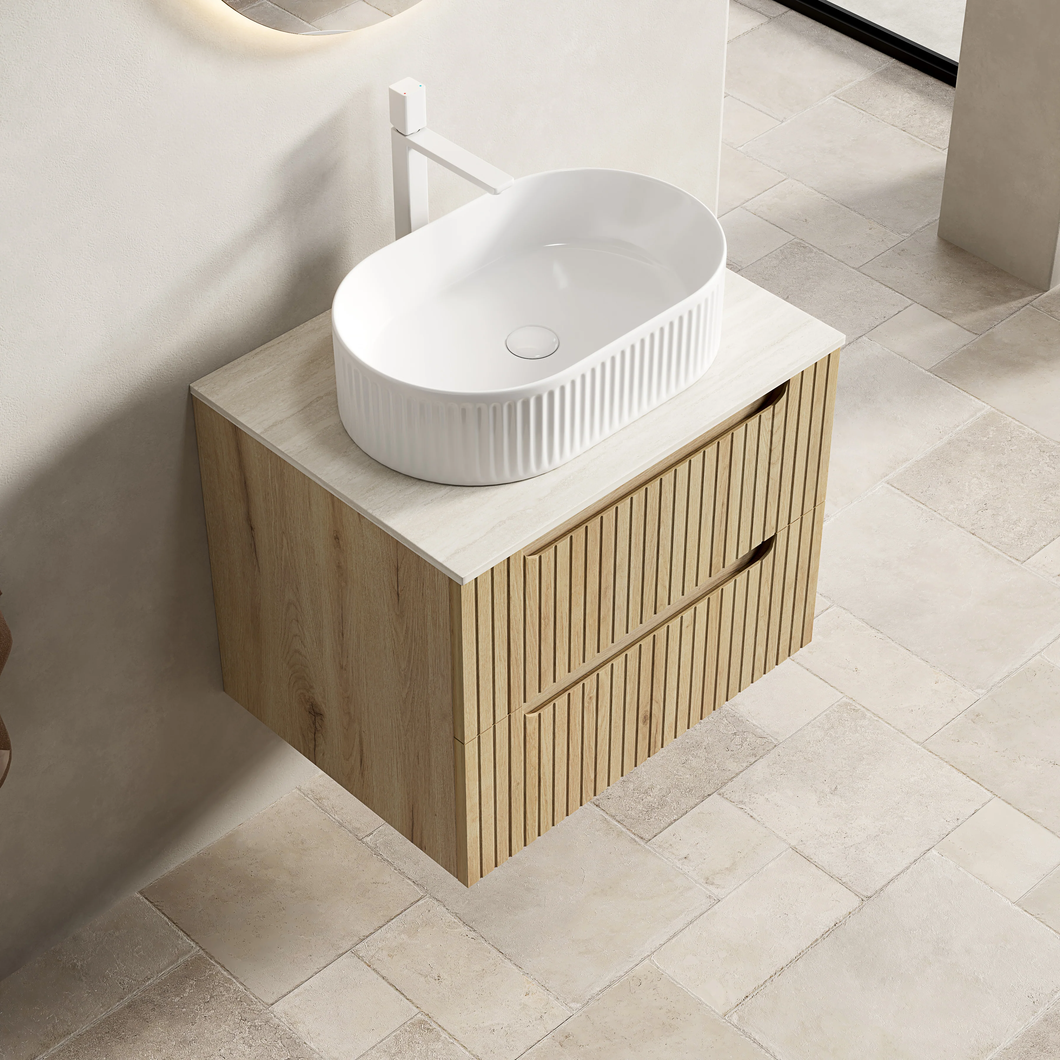 60cm Floating Vanity Oval Sink Sintered Stone Top 2 Drawers - White Oak - Image 2