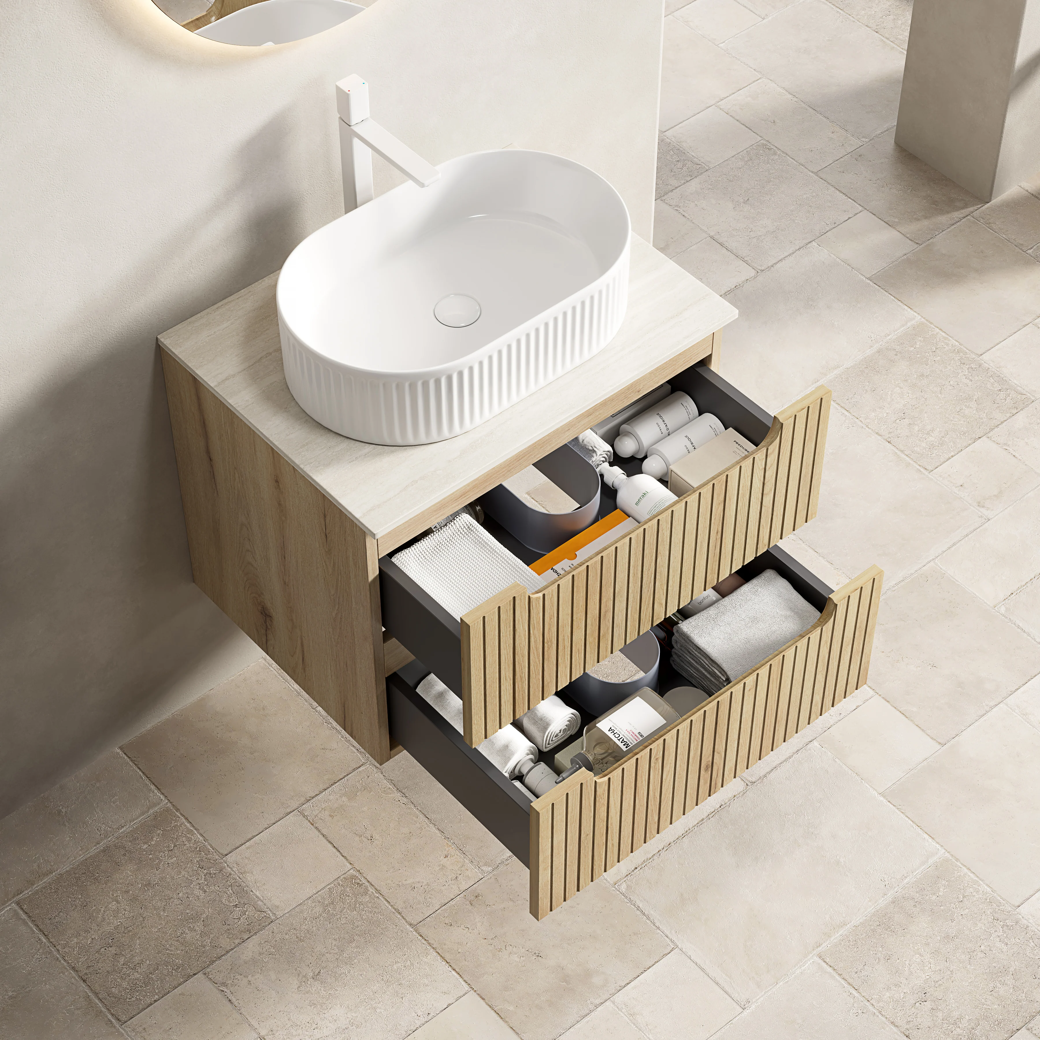 60cm Floating Vanity Oval Sink Sintered Stone Top 2 Drawers - White Oak - Image 3