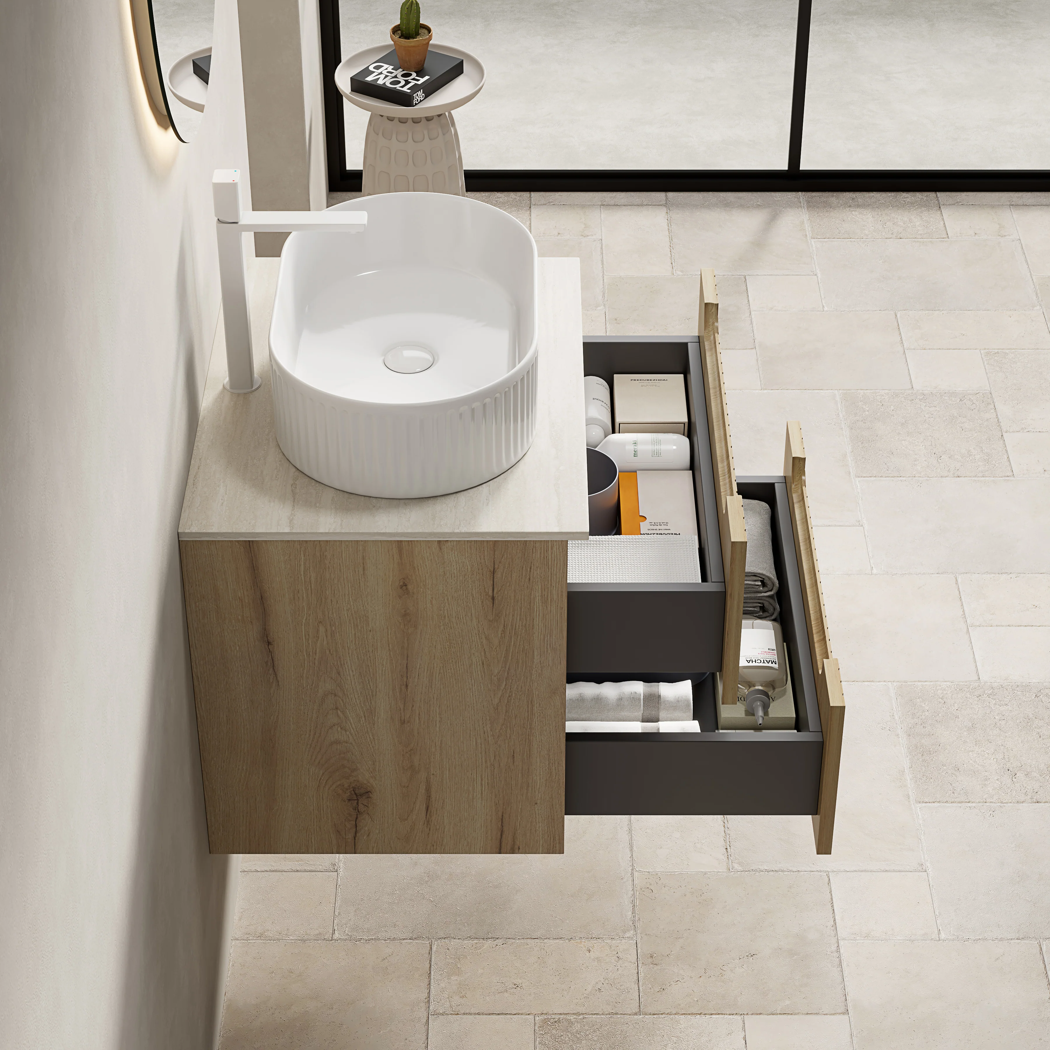 60cm Floating Vanity Oval Sink Sintered Stone Top 2 Drawers - White Oak - Image 4