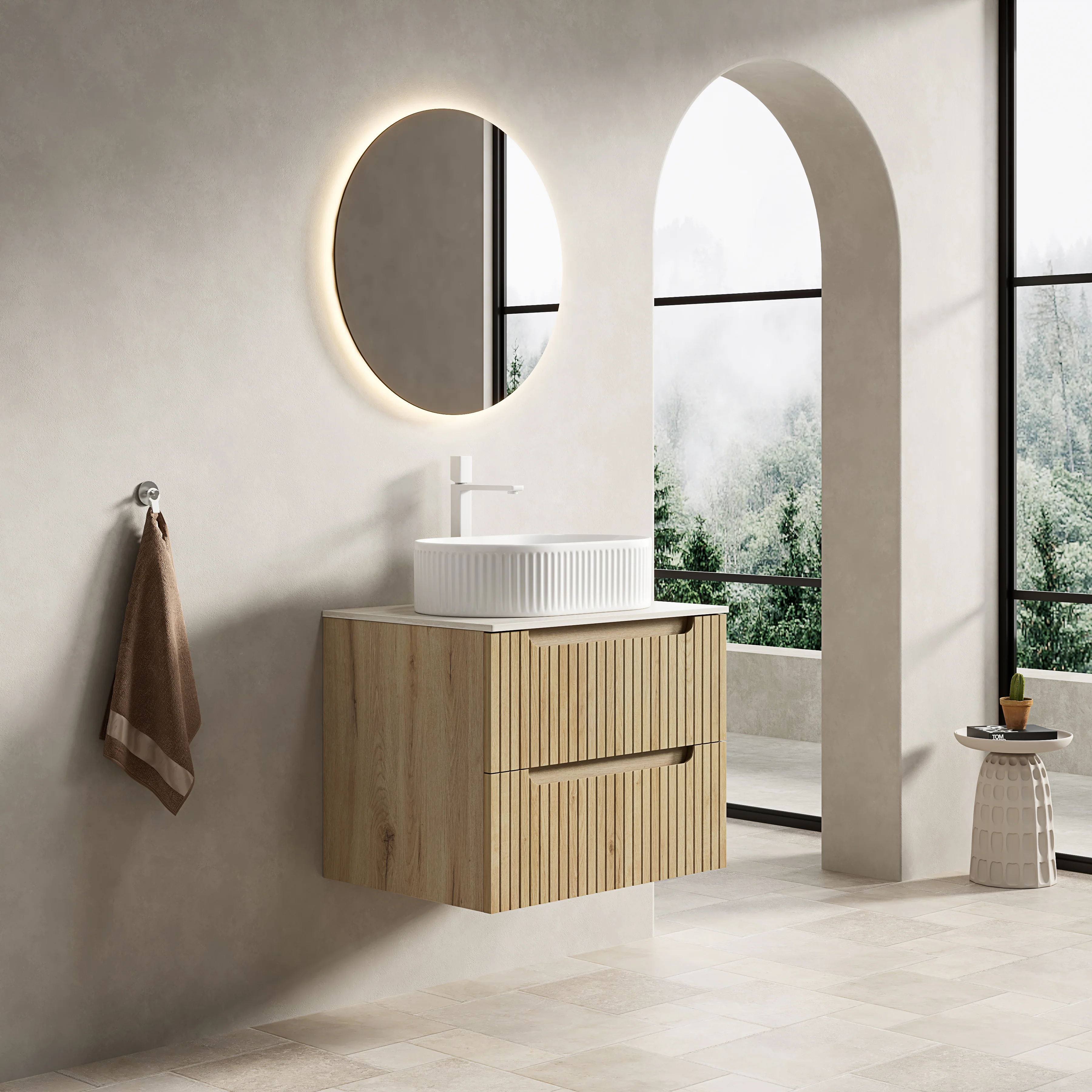60cm Floating Vanity Oval Sink Sintered Stone Top 2 Drawers - White Oak - Image 5