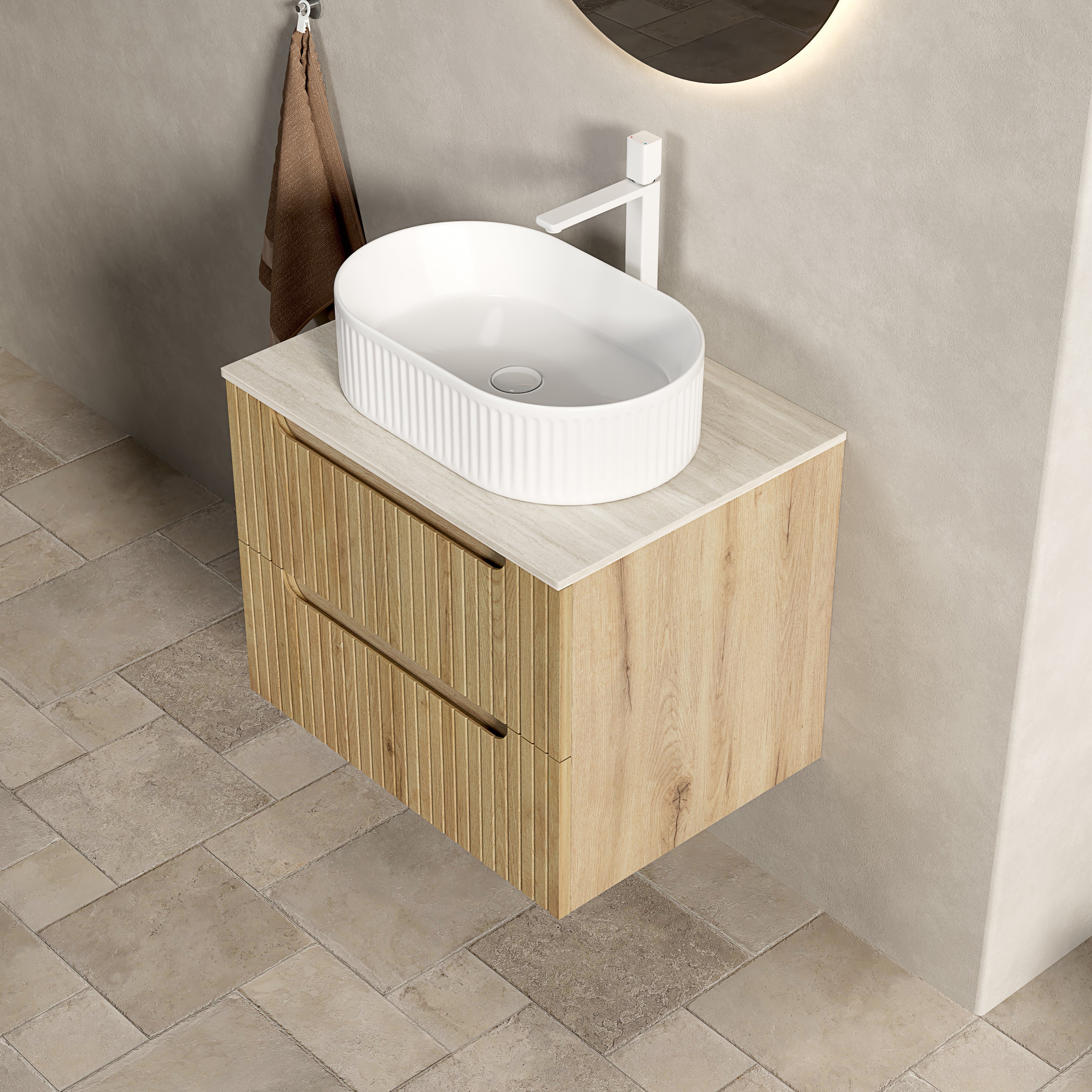 60cm Floating Vanity Oval Sink Sintered Stone Top 2 Drawers - White Oak - Image 6