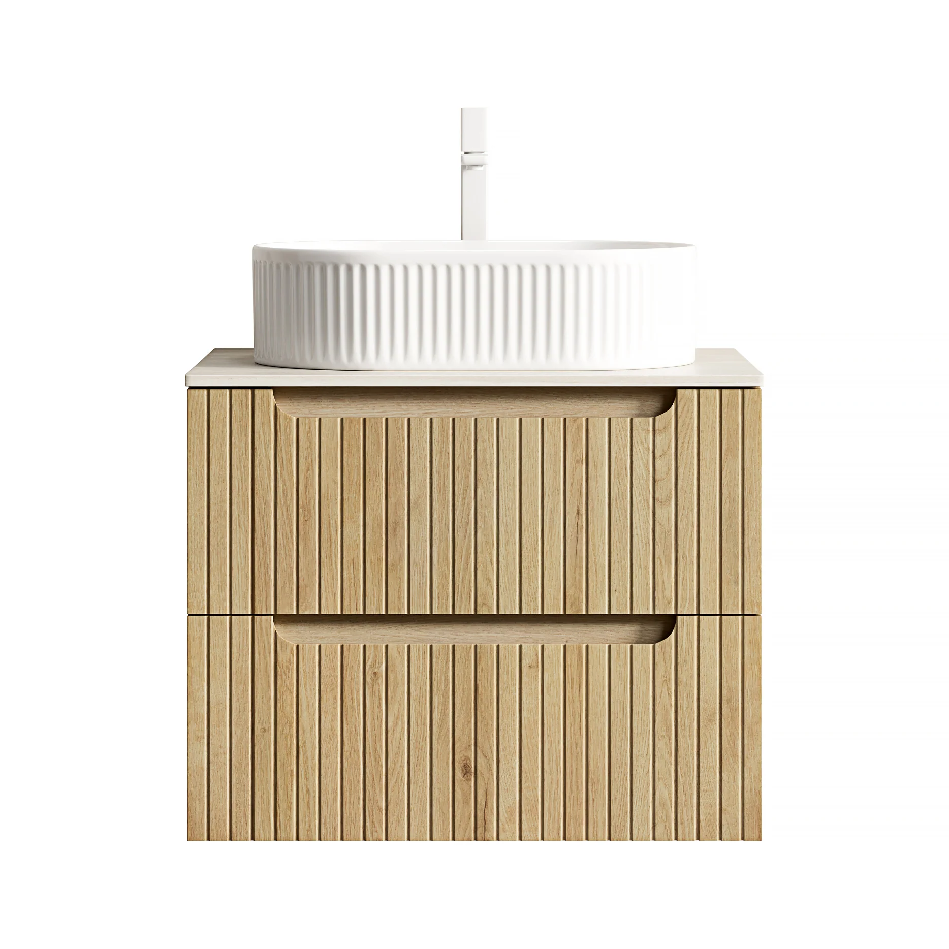 60cm Floating Vanity Oval Sink Sintered Stone Top 2 Drawers - White Oak - Image 7