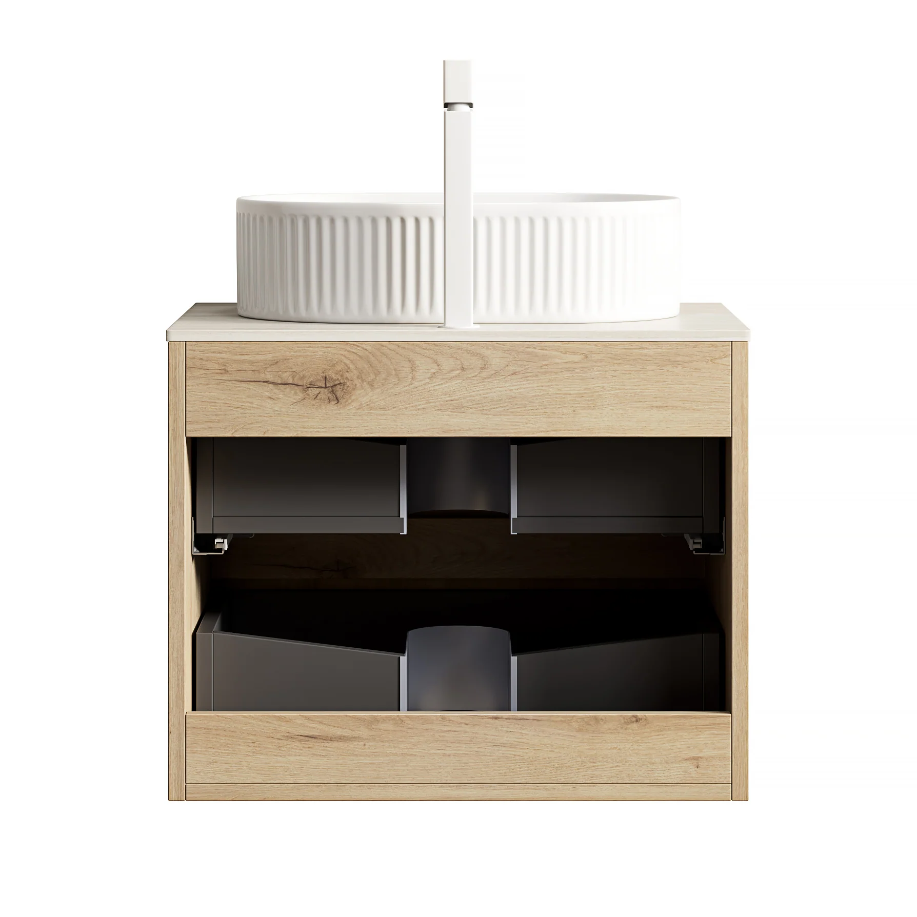60cm Floating Vanity Oval Sink Sintered Stone Top 2 Drawers - White Oak - Image 8