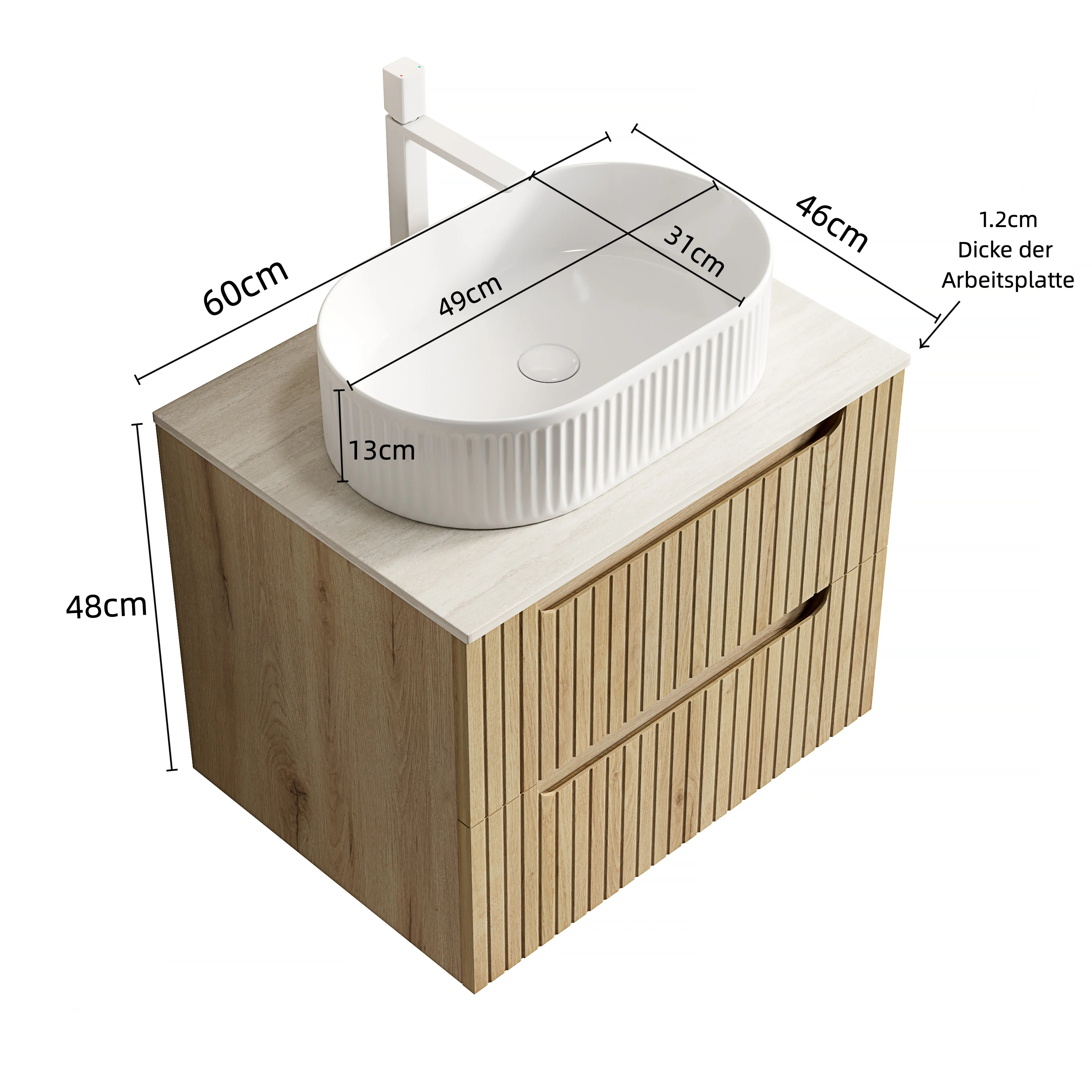 60cm Floating Vanity Oval Sink Sintered Stone Top 2 Drawers - White Oak - Image 9