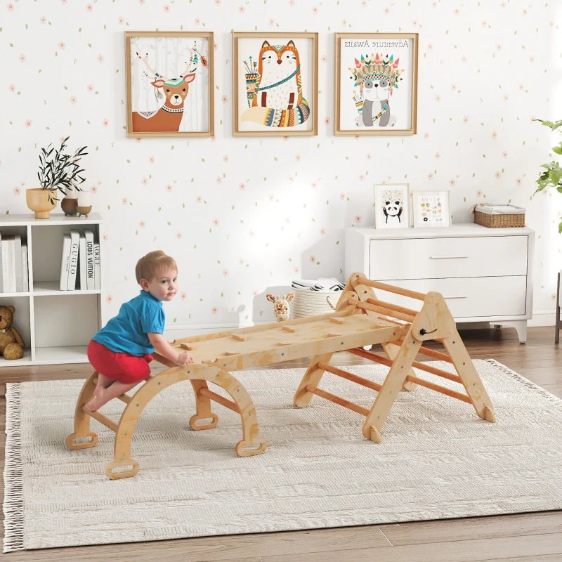7-in-1 Climbing Frame Foldable Slide Arch Ladder - Wood - Image 2