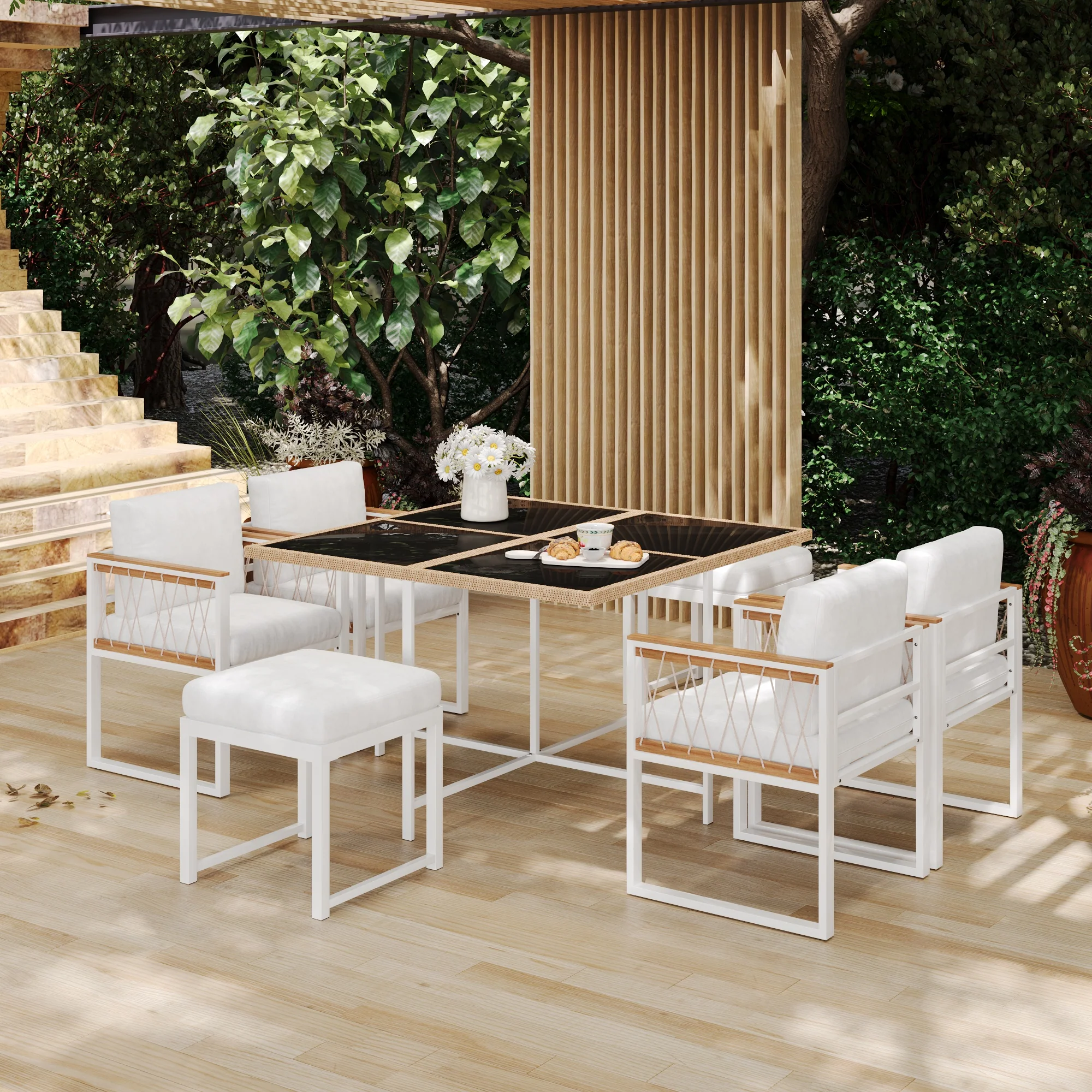 7-Piece Garden Furniture Set 6-Seater Tempered Glass WPC - Outdoor - Image 2