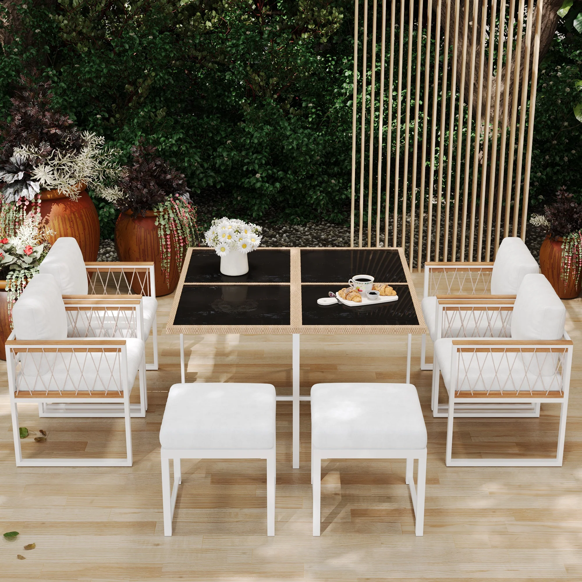 7-Piece Garden Furniture Set 6-Seater Tempered Glass WPC - Outdoor - Image 3