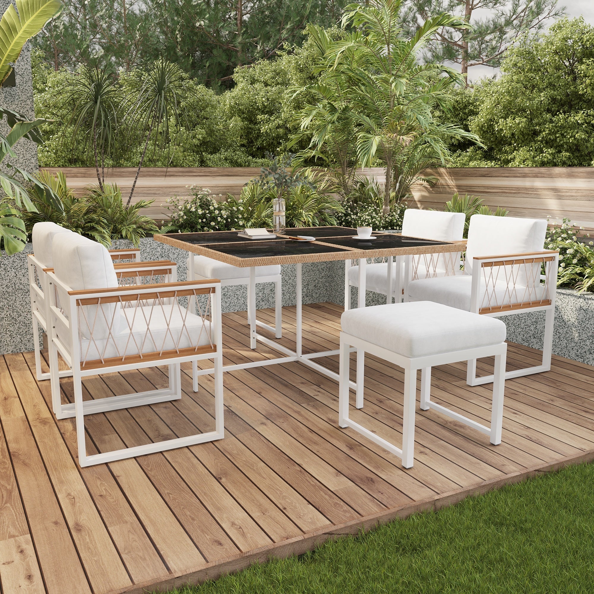7-Piece Garden Furniture Set 6-Seater Tempered Glass WPC - Outdoor - Image 6