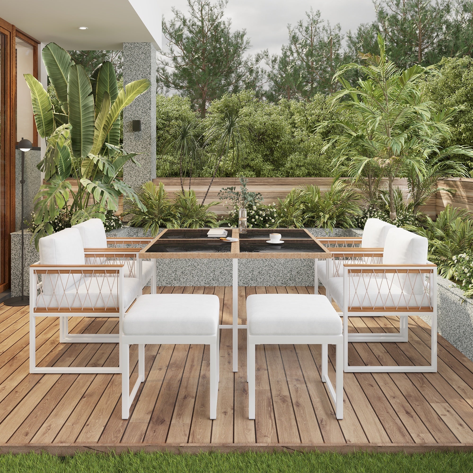 7-Piece Garden Furniture Set 6-Seater Tempered Glass WPC - Outdoor - Image 7
