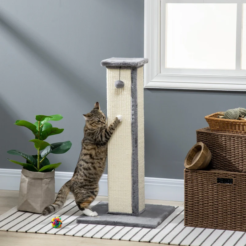 81cm Cat Scratcher, Vertical Full with Sisal Rope & Hanging Ball, Grey - Image 2