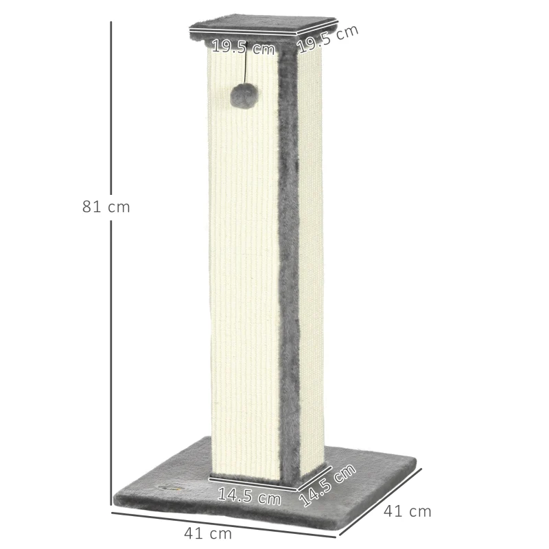 81cm Cat Scratcher, Vertical Full with Sisal Rope & Hanging Ball, Grey - Image 3