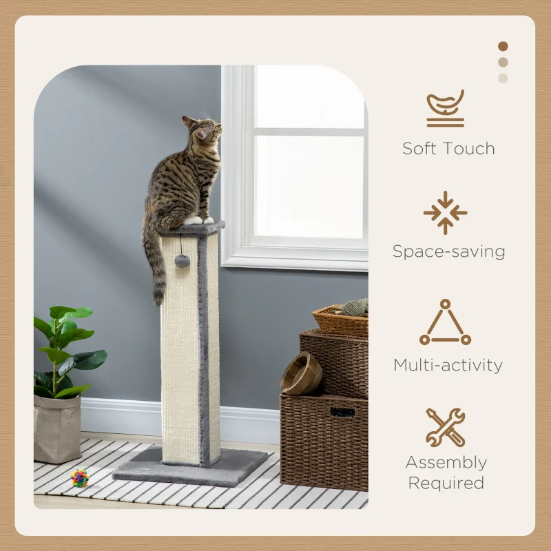 81cm Cat Scratcher, Vertical Full with Sisal Rope & Hanging Ball, Grey - Image 4