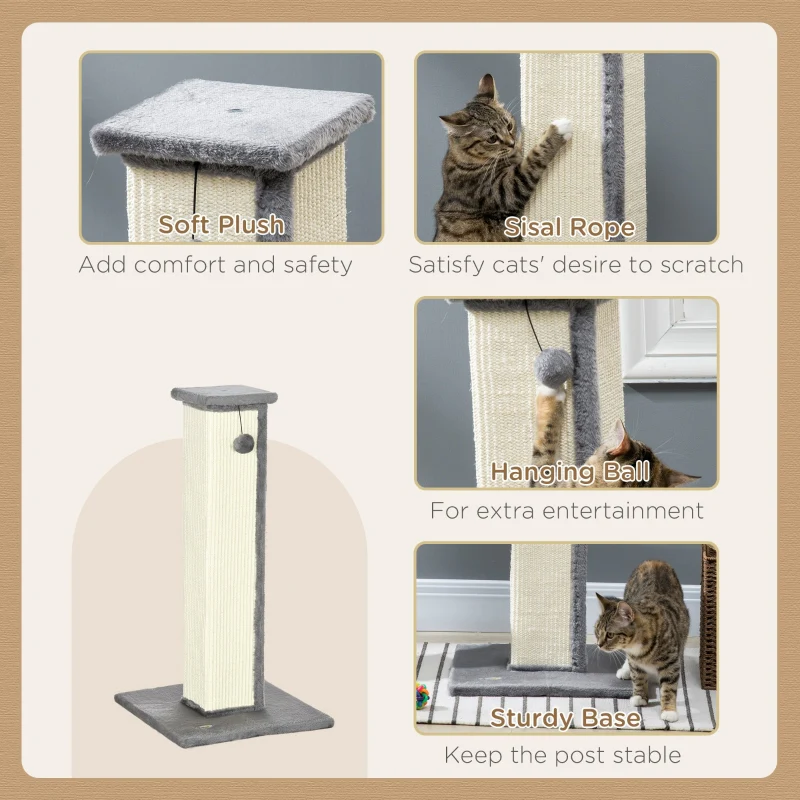 81cm Cat Scratcher, Vertical Full with Sisal Rope & Hanging Ball, Grey - Image 5