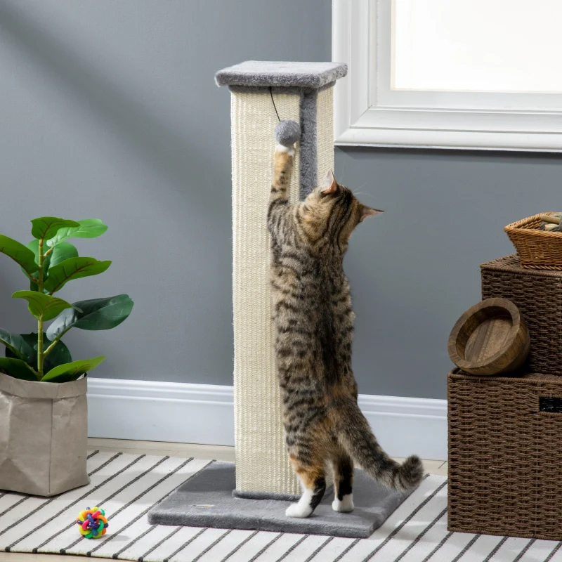 81cm Cat Scratcher, Vertical Full with Sisal Rope & Hanging Ball, Grey - Image 7