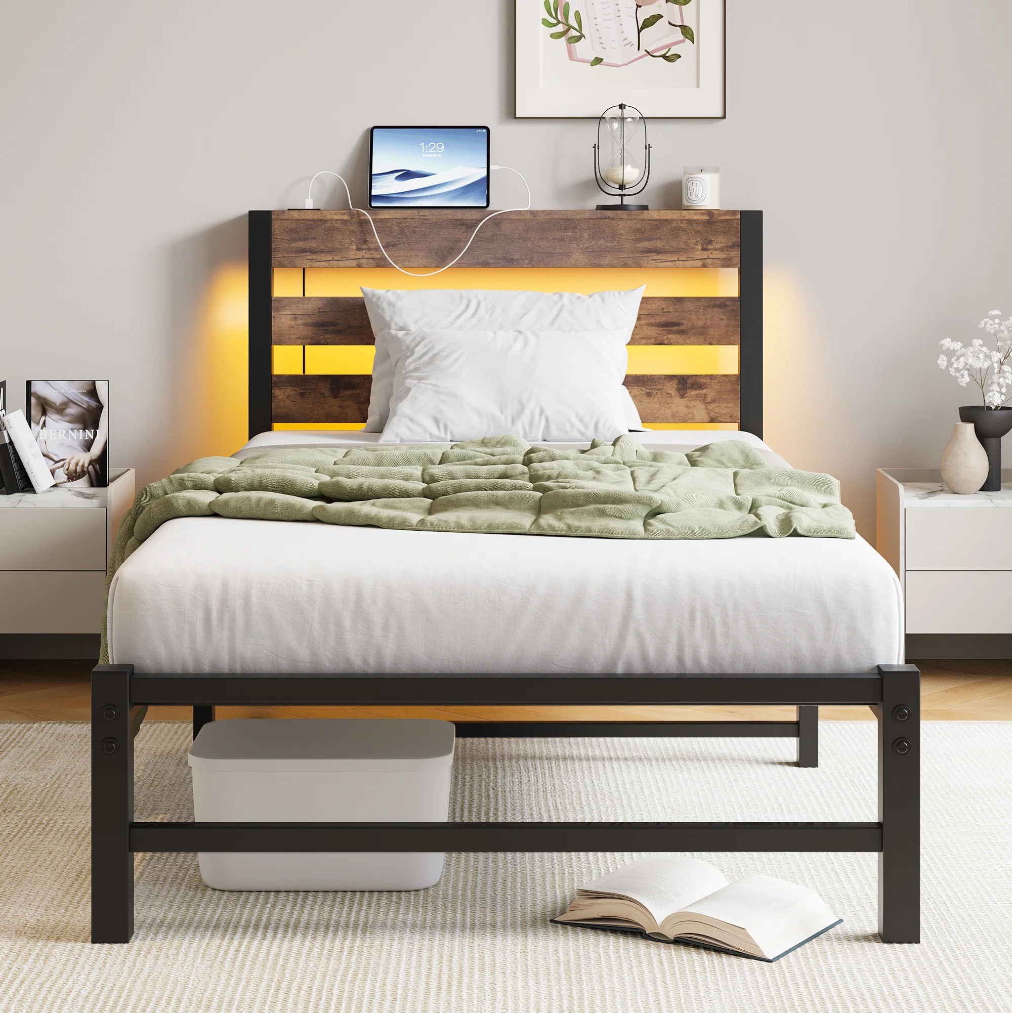 90x200 Bed Frame LED USB Charging Storage - Metal