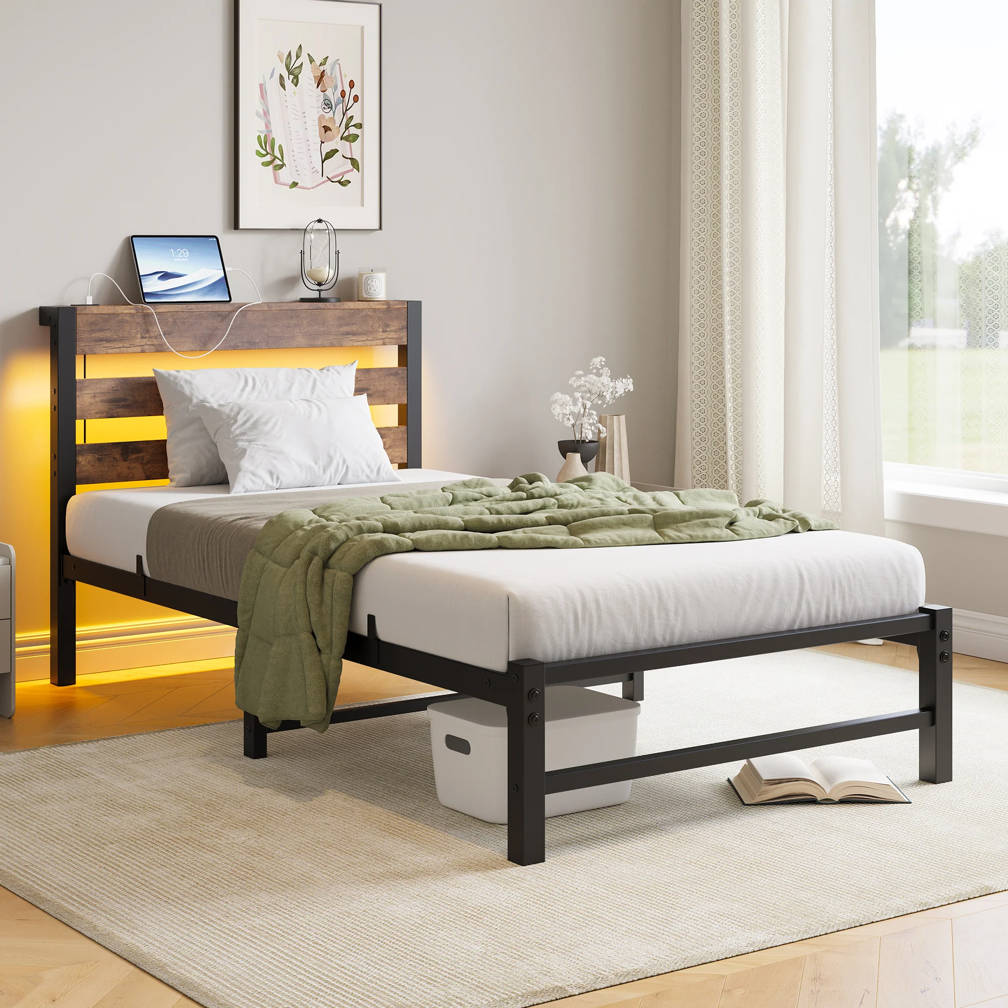 90x200 Bed Frame LED USB Charging Storage - Metal - Image 2