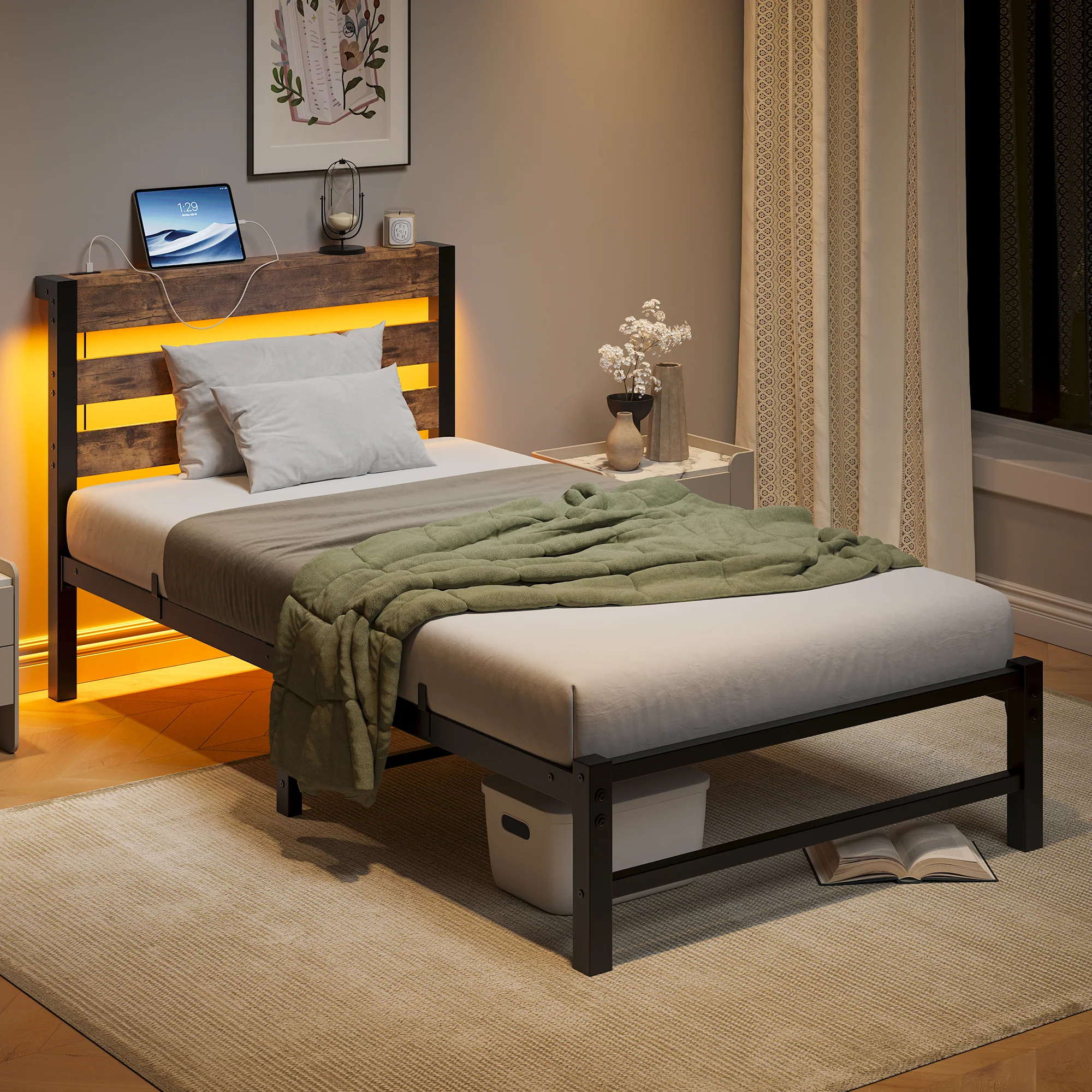 90x200 Bed Frame LED USB Charging Storage - Metal - Image 3