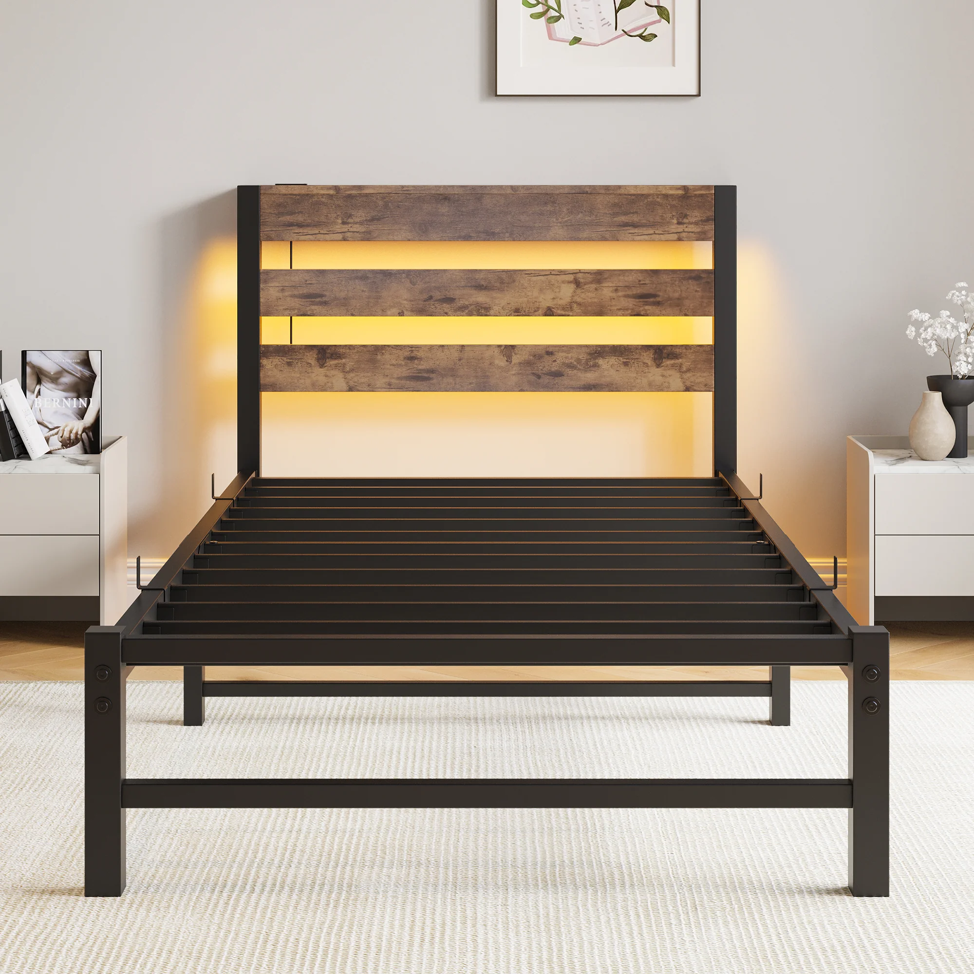 90x200 Bed Frame LED USB Charging Storage - Metal - Image 5