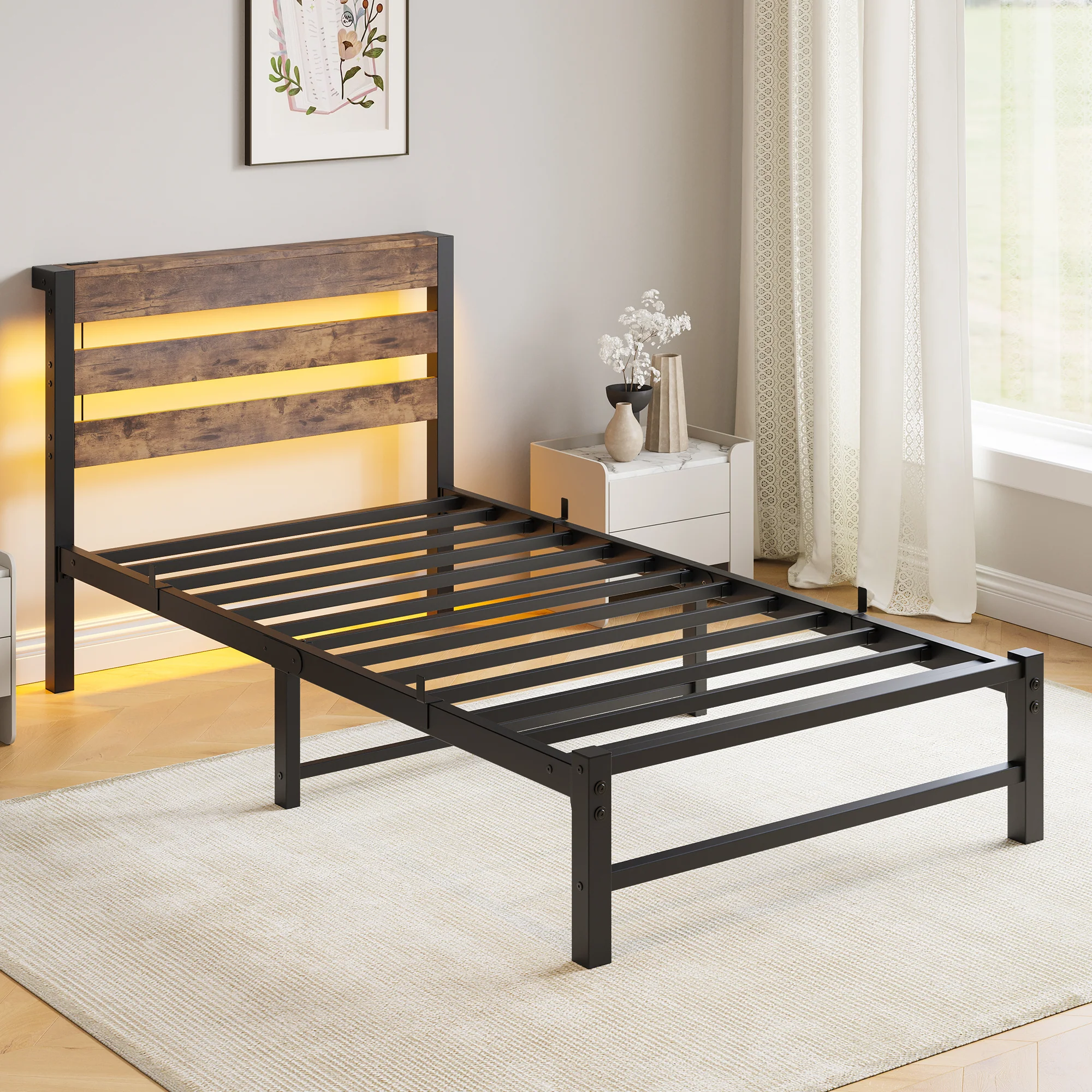 90x200 Bed Frame LED USB Charging Storage - Metal - Image 6