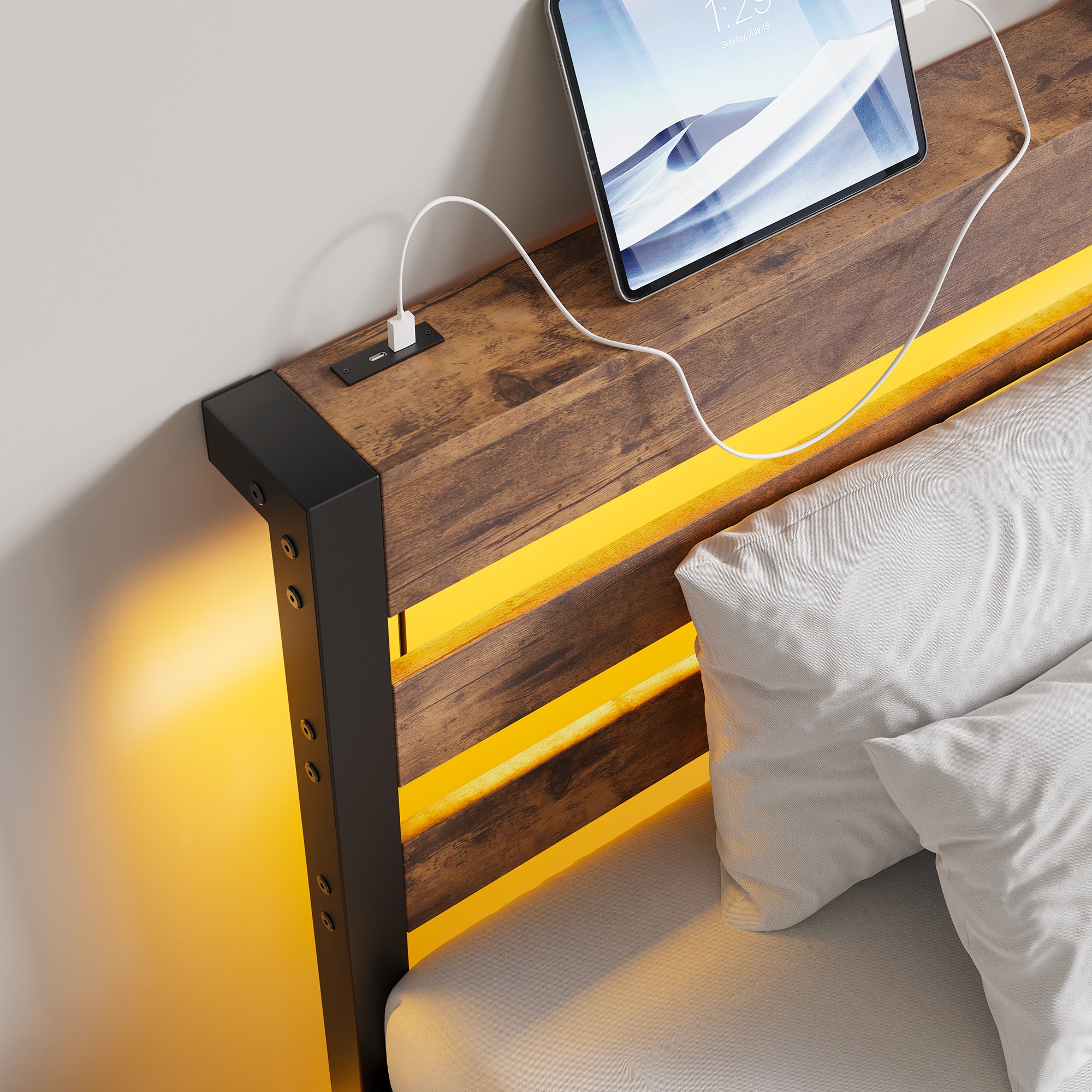 90x200 Bed Frame LED USB Charging Storage - Metal - Image 7