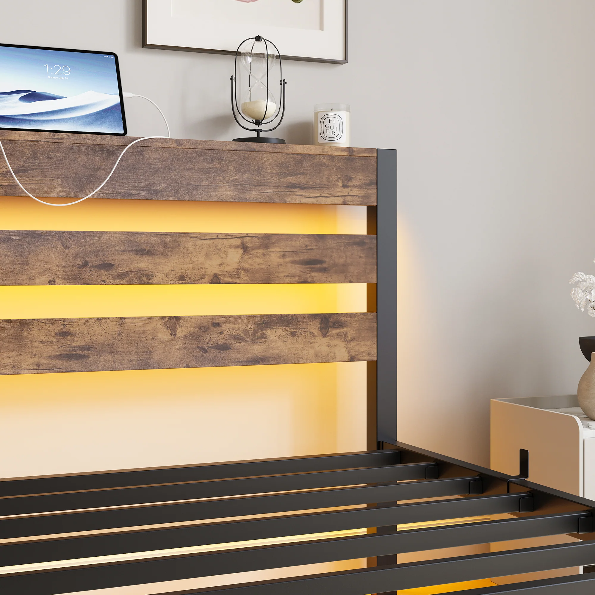 90x200 Bed Frame LED USB Charging Storage - Metal - Image 8