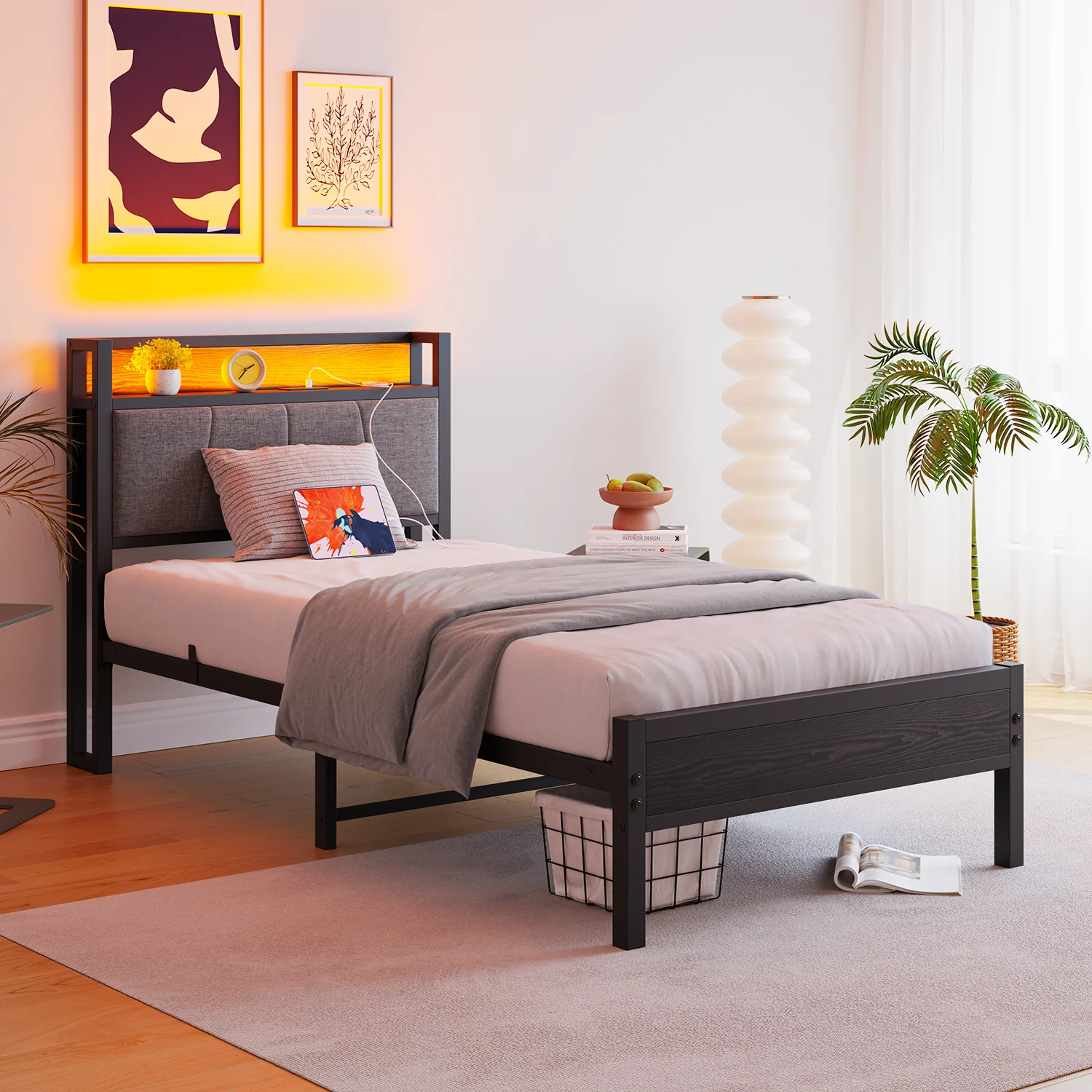 90x200cm Bed Frame Smart LED Lights USB Charging Headboard - Metal - Image 2