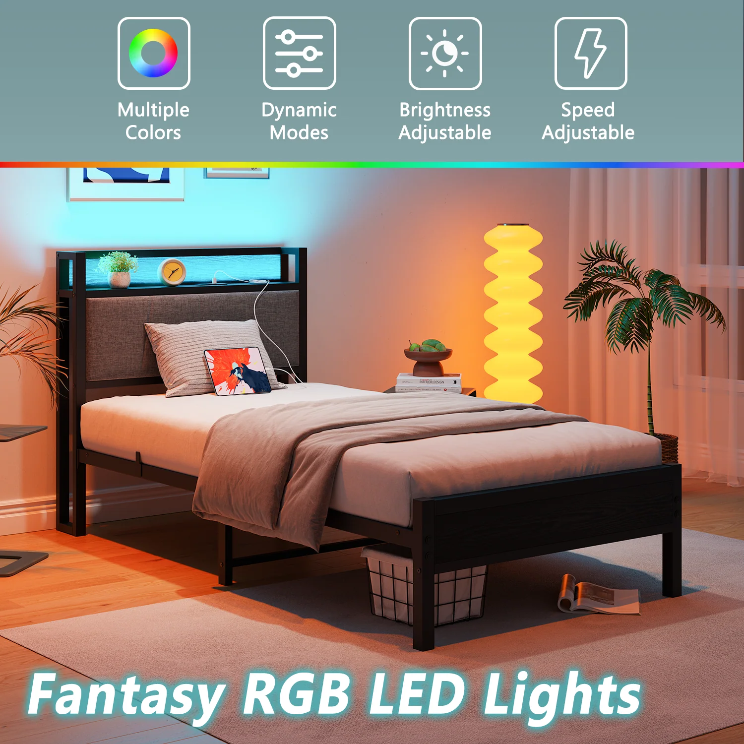 90x200cm Bed Frame Smart LED Lights USB Charging Headboard - Metal - Image 3