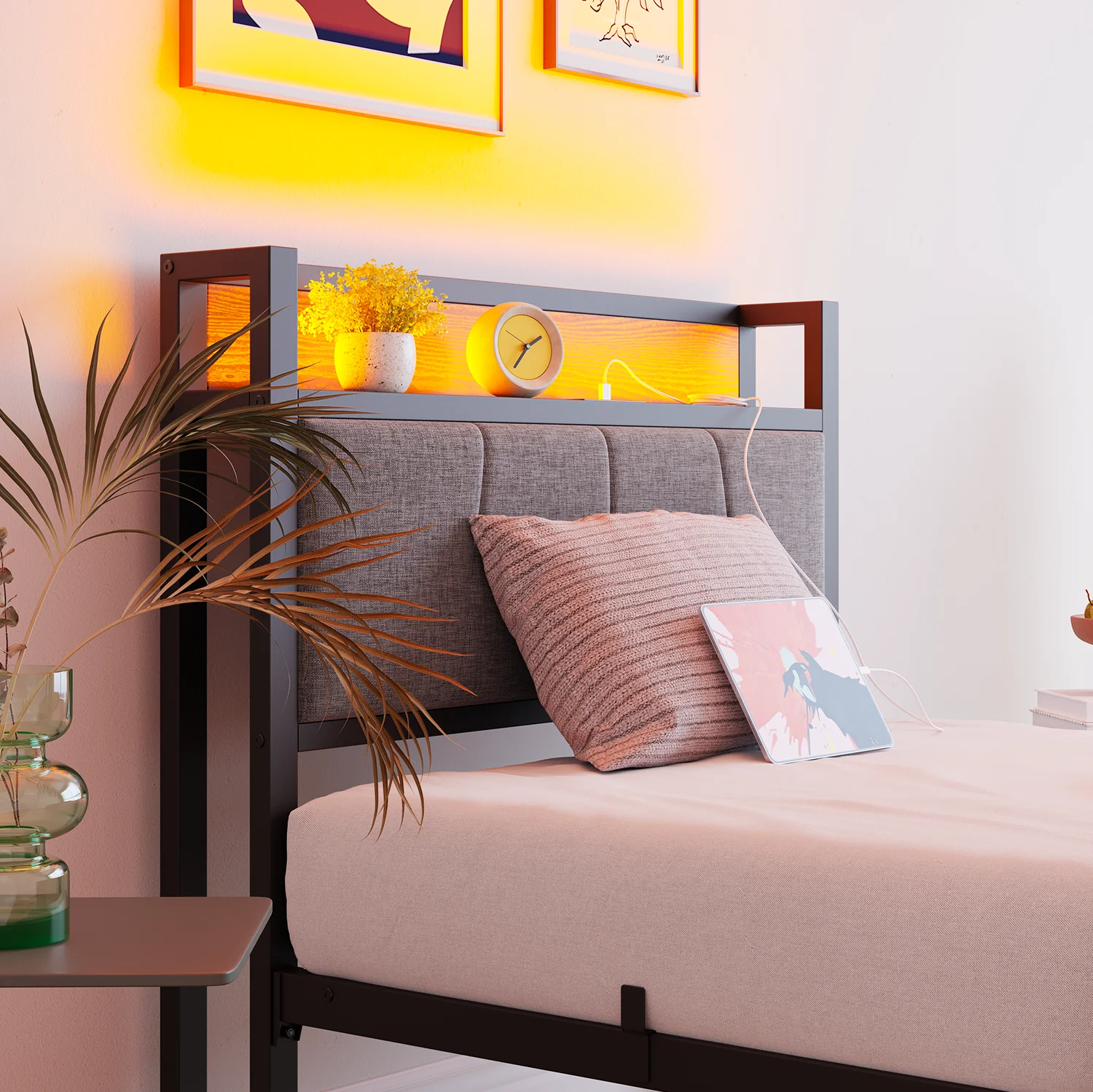 90x200cm Bed Frame Smart LED Lights USB Charging Headboard - Metal - Image 4
